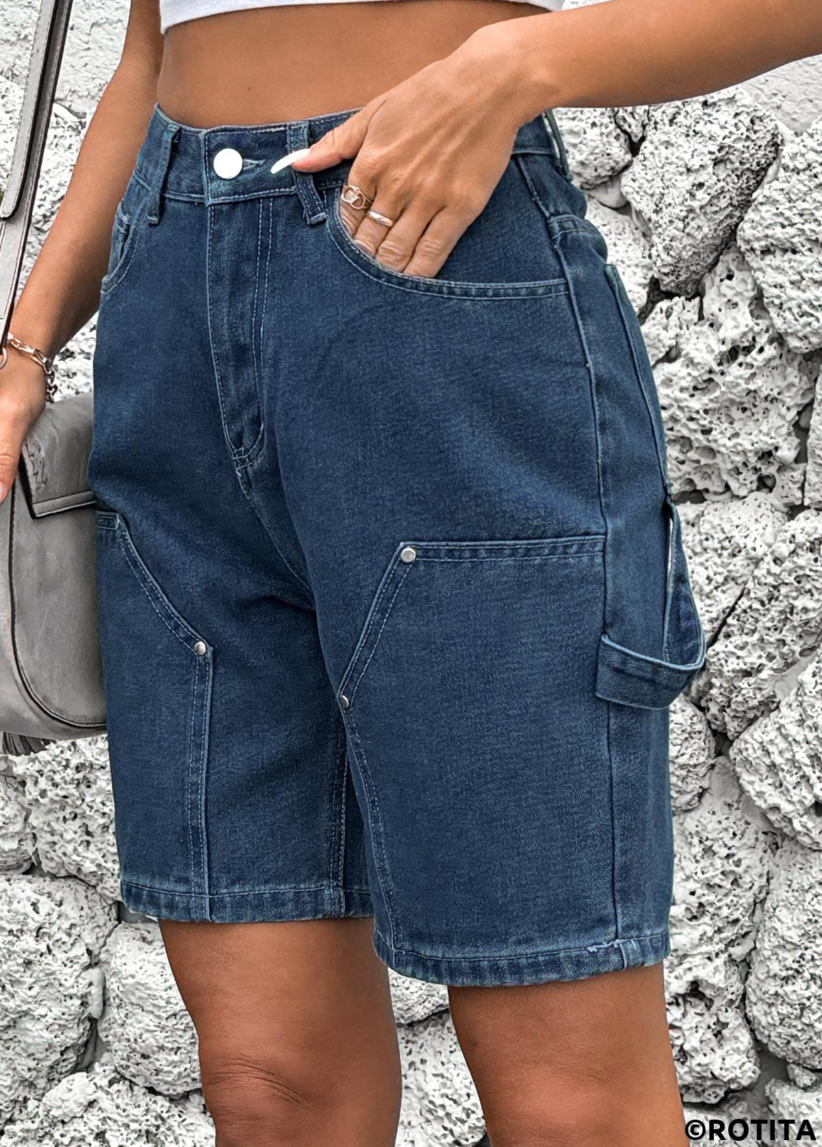Denim Blue bottoms,Plain Color bottoms,Button Denim Blue High Waisted Shorts