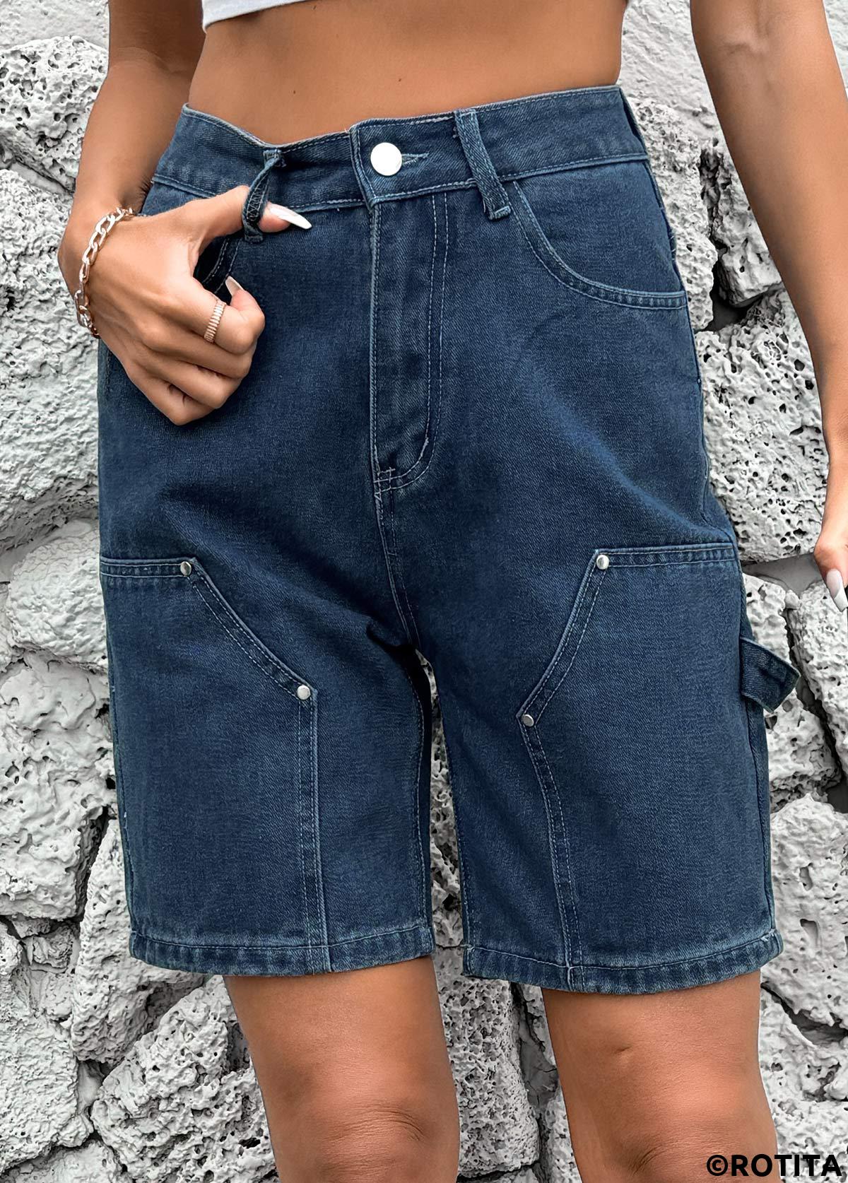 Denim Blue bottoms,Plain Color bottoms,Button Denim Blue High Waisted Shorts