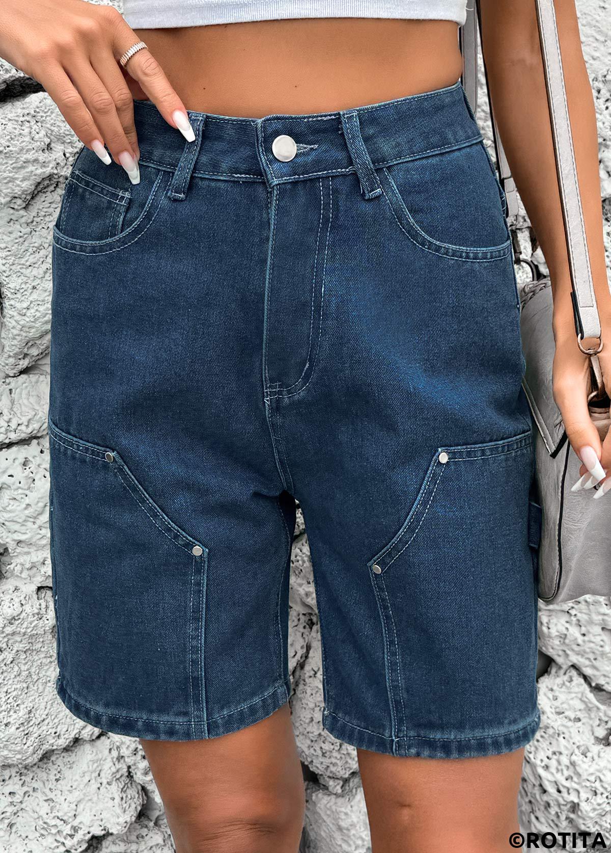Denim Blue bottoms,Plain Color bottoms,Button Denim Blue High Waisted Shorts