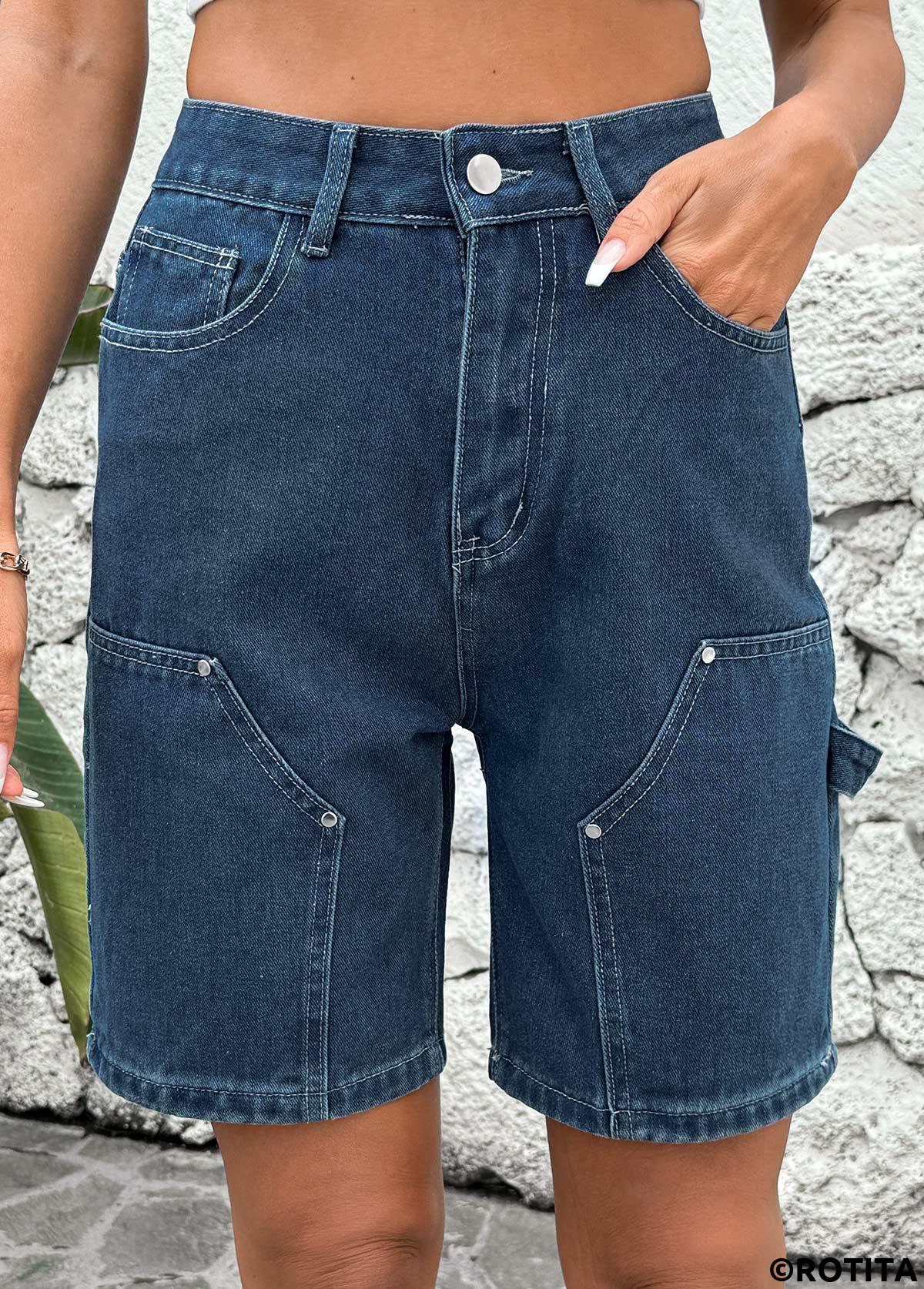 Denim Blue bottoms,Plain Color bottoms,Button Denim Blue High Waisted Shorts