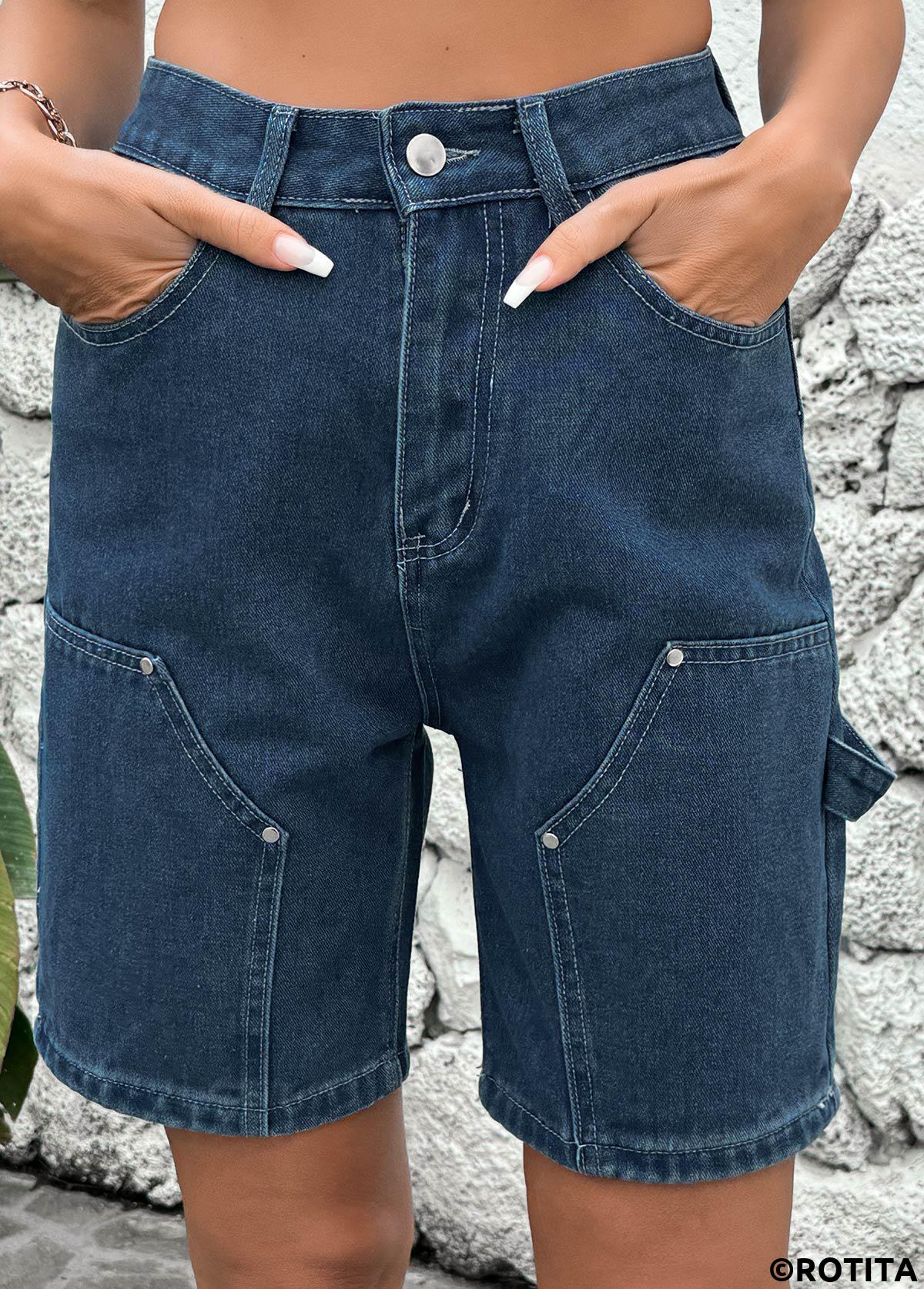 Denim Blue bottoms,Plain Color bottoms,Button Denim Blue High Waisted Shorts