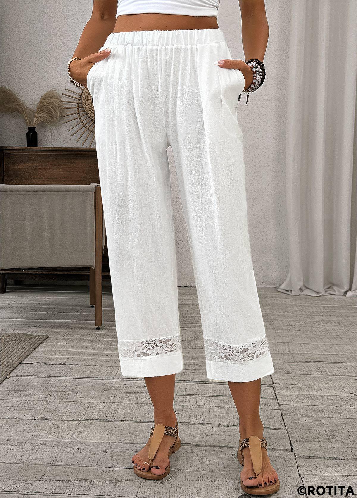White bottoms,Plain Color bottoms,Lace White Straight Leg Elastic Waist High Waisted Pants