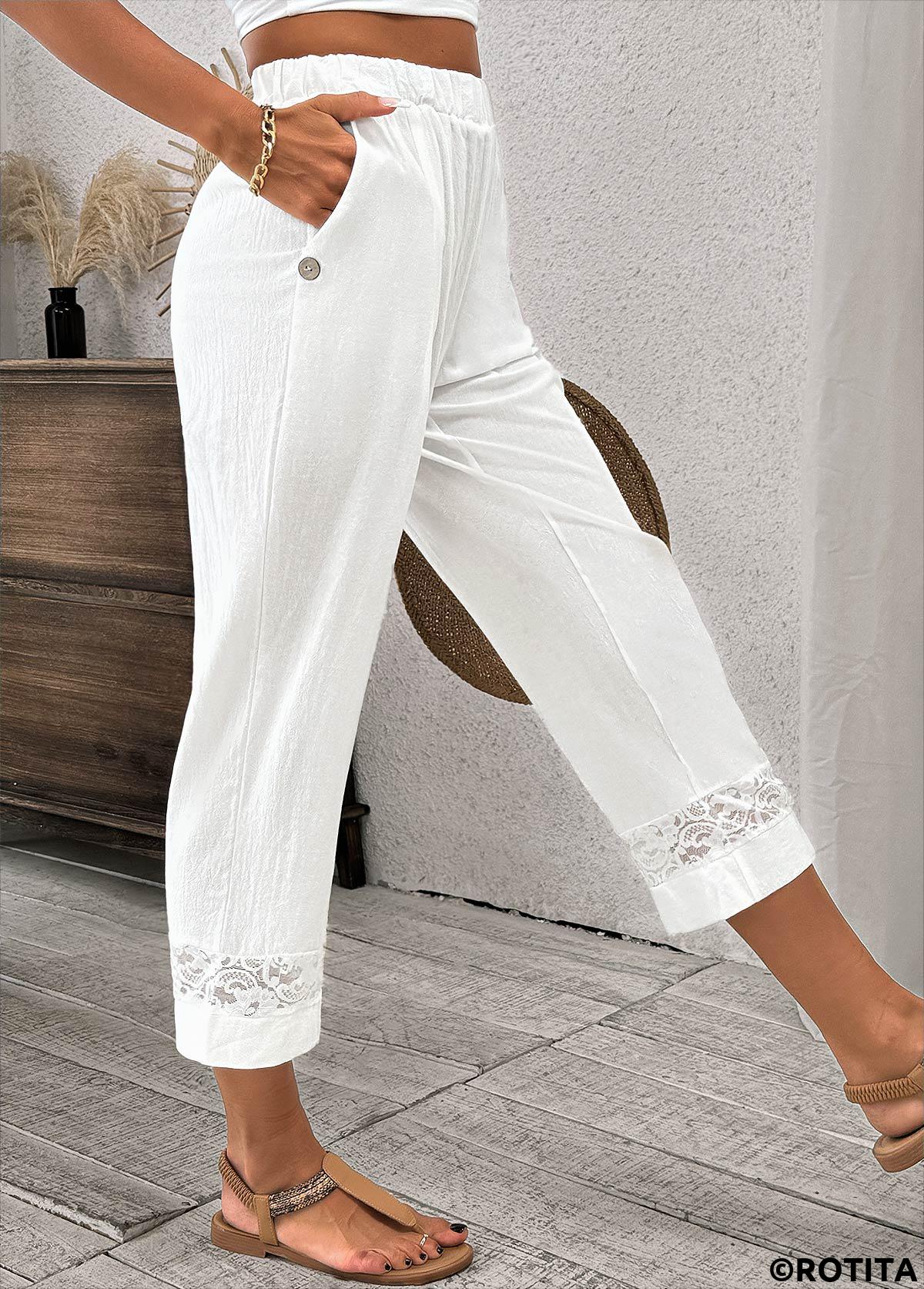 White bottoms,Plain Color bottoms,Lace White Straight Leg Elastic Waist High Waisted Pants