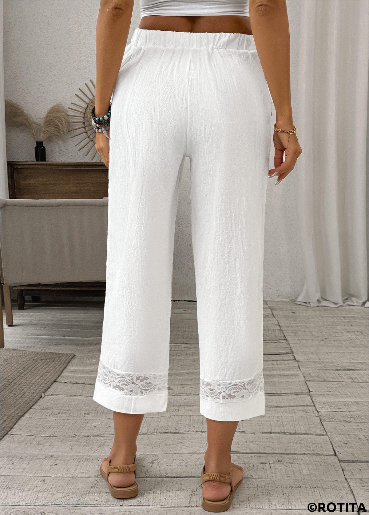 White bottoms,Plain Color bottoms,Lace White Straight Leg Elastic Waist High Waisted Pants