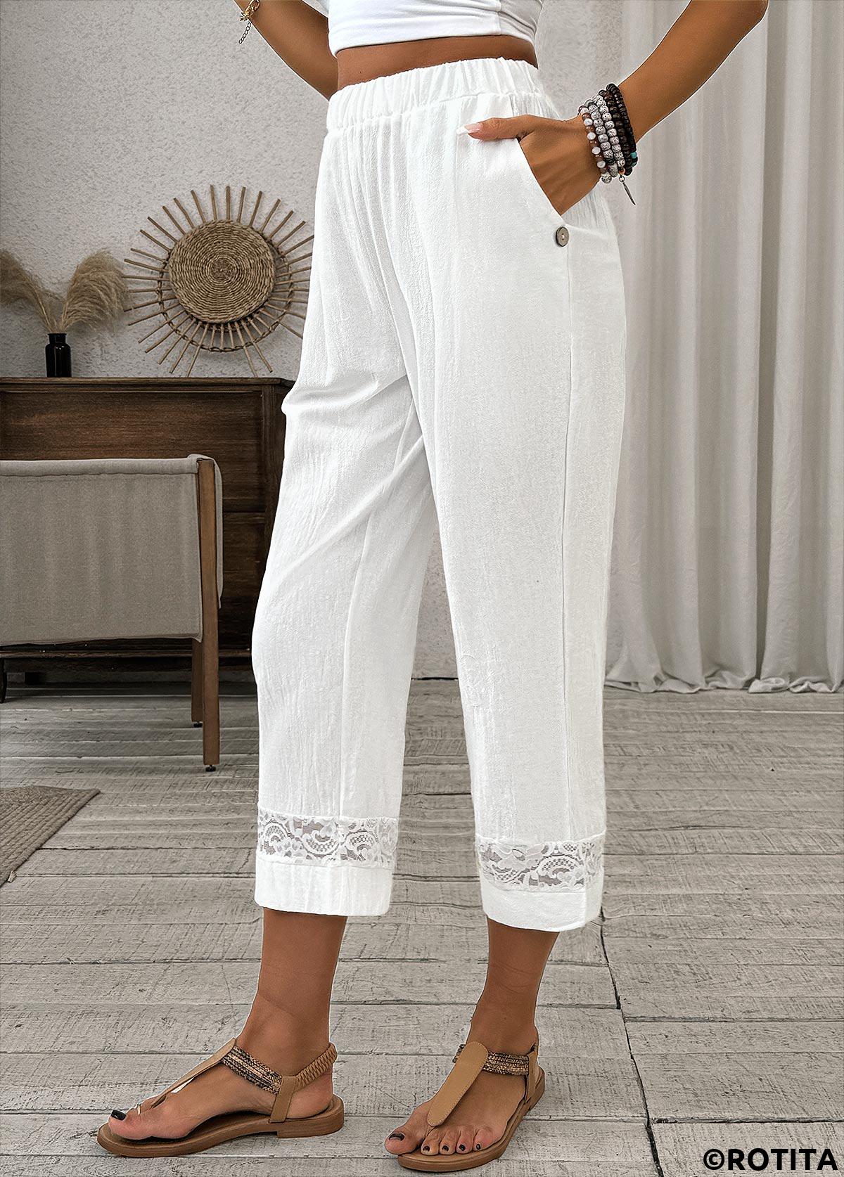 White bottoms,Plain Color bottoms,Lace White Straight Leg Elastic Waist High Waisted Pants