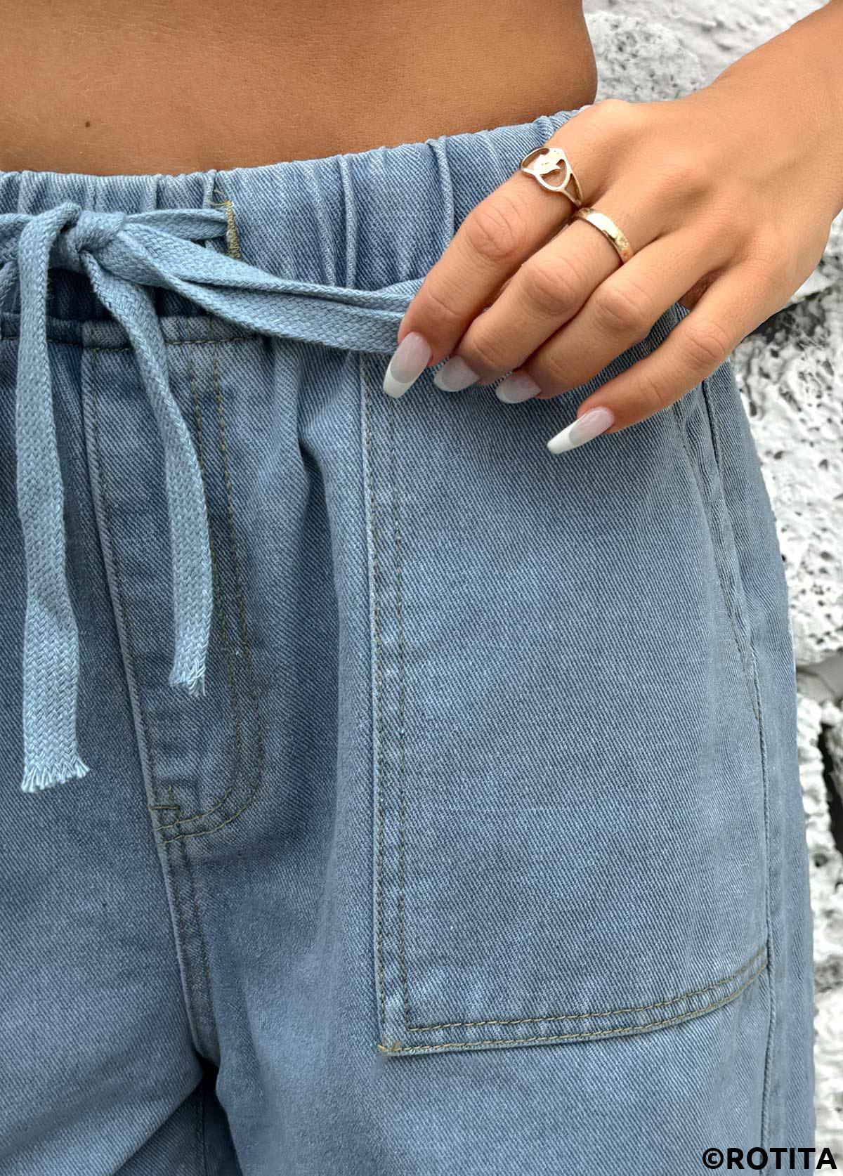 Denim Blue bottoms,Plain Color bottoms,Denim Blue Straight Leg High Waisted Shorts