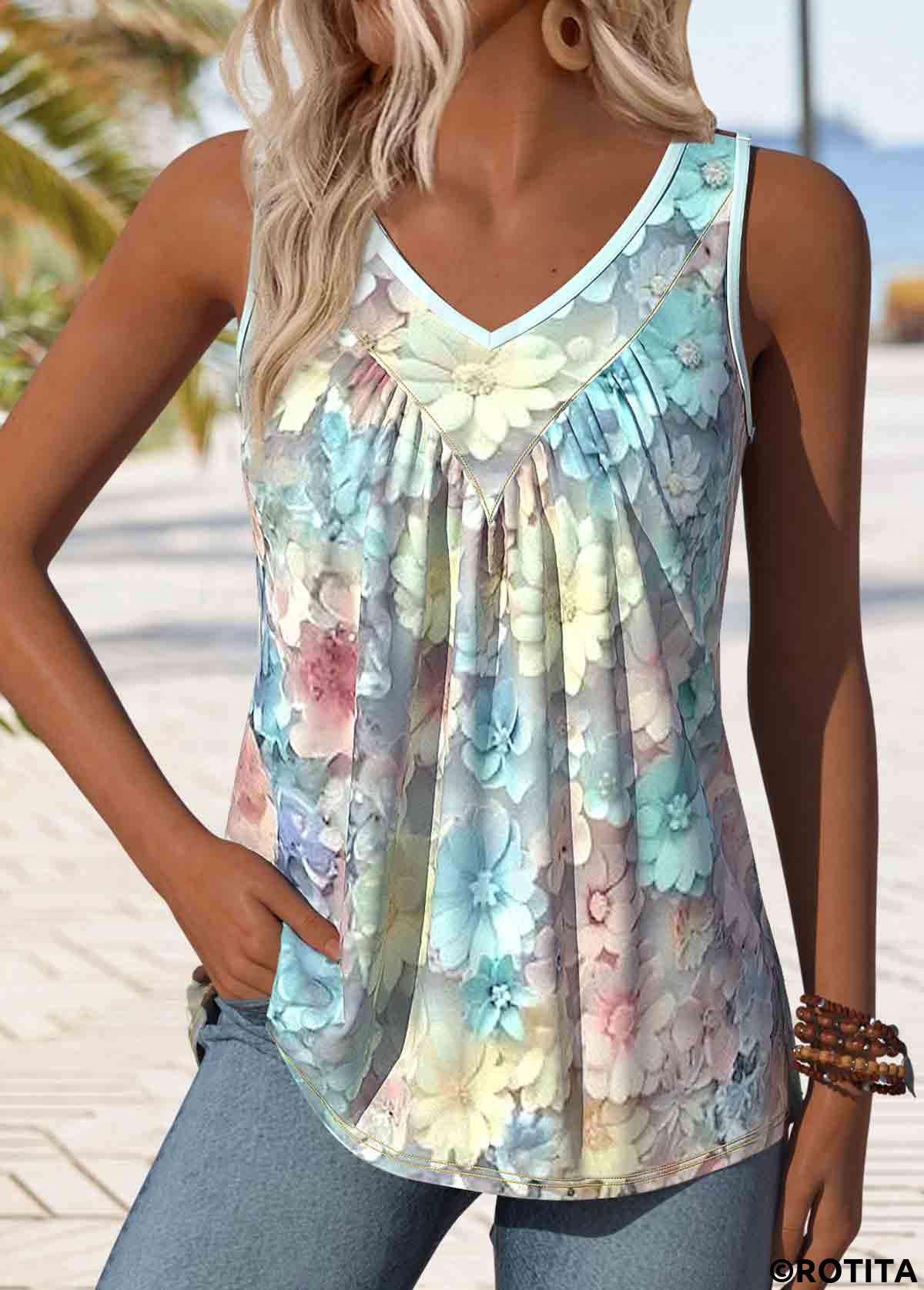 Light Blue plus size,Floral plus size,Plants plus size,ROTITA Plus Size Patchwork Light Blue Floral Print Tank Top