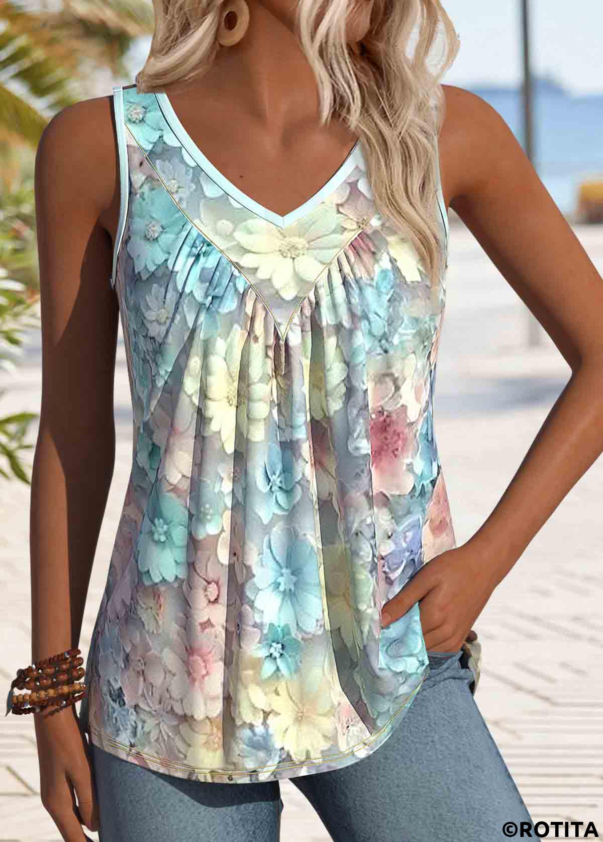 Light Blue plus size,Floral plus size,Plants plus size,ROTITA Plus Size Patchwork Light Blue Floral Print Tank Top