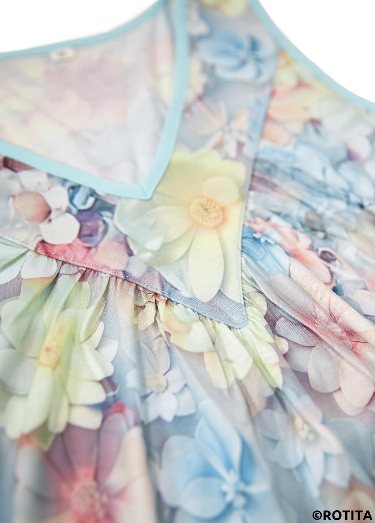 Light Blue tops,Floral tops,Plants tops,ROTITA Patchwork Floral Print Light Blue V Neck Tank Top