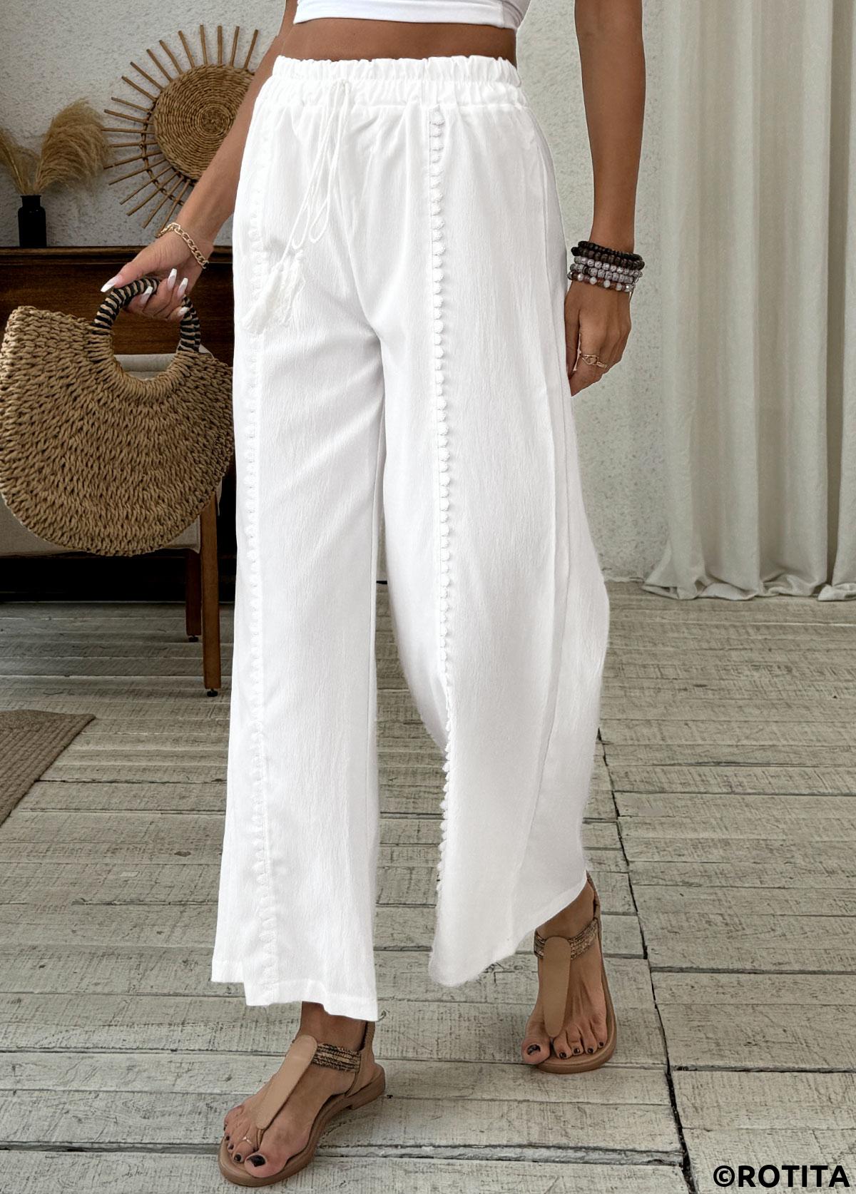 White bottoms,Plain Color bottoms,Patchwork White Wide Leg Elastic Waist High Waisted Pants