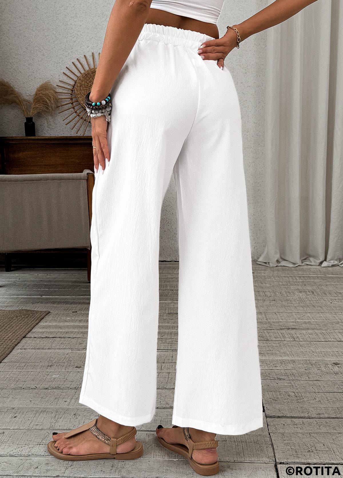 White bottoms,Plain Color bottoms,Patchwork White Wide Leg Elastic Waist High Waisted Pants