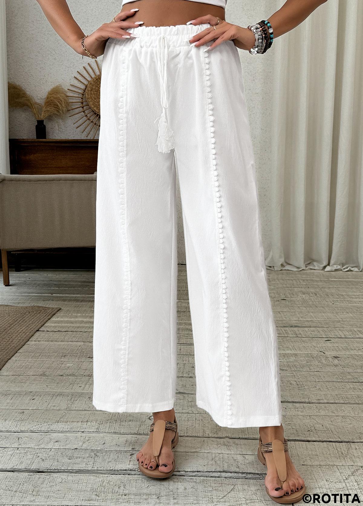 White bottoms,Plain Color bottoms,Patchwork White Wide Leg Elastic Waist High Waisted Pants
