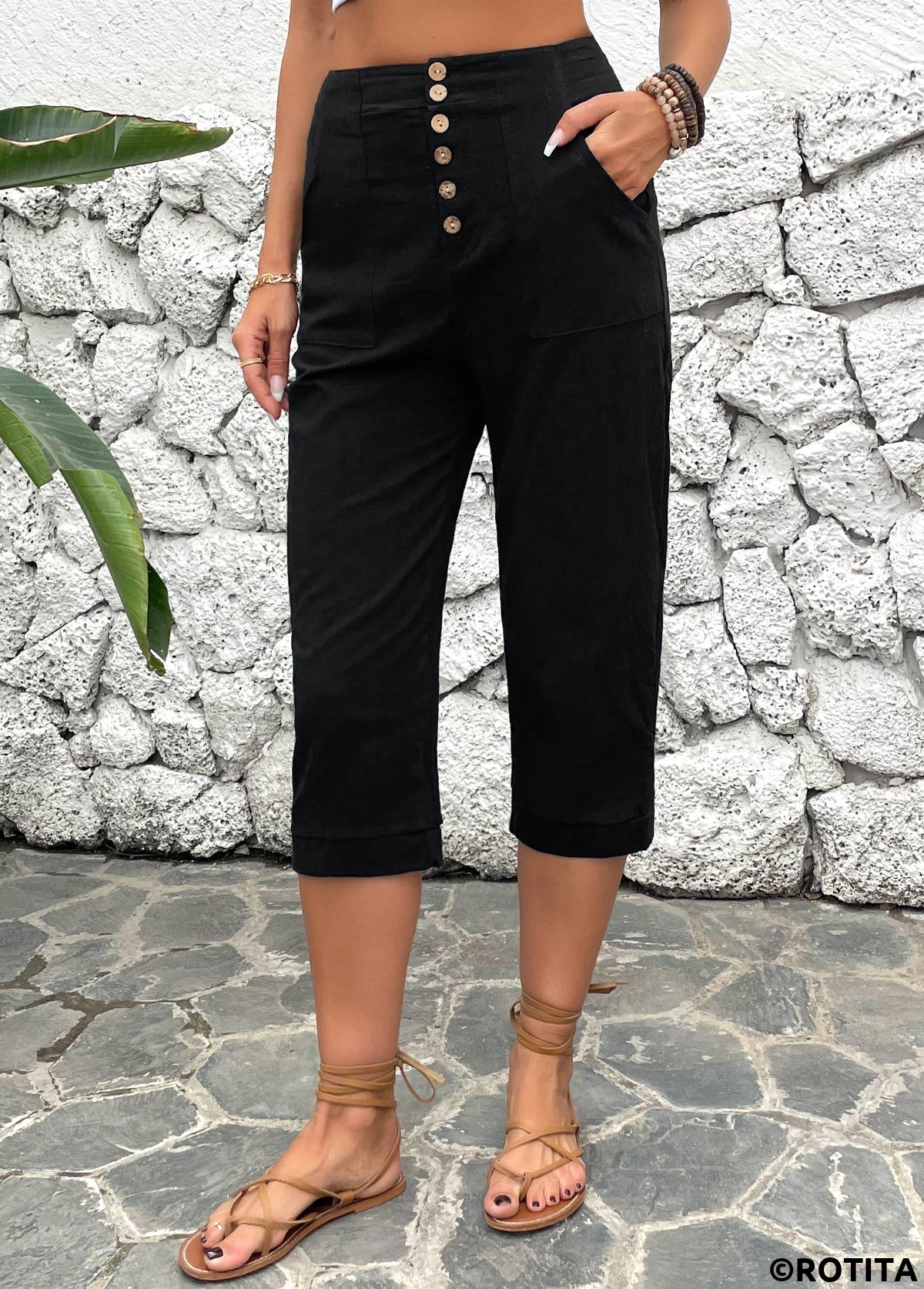 Black bottoms,Plain Color bottoms,ROTITA Button Detail Black High Waisted Pants