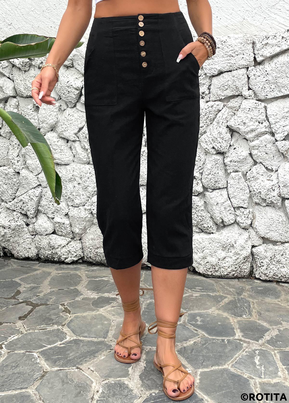 Black bottoms,Plain Color bottoms,ROTITA Button Detail Black High Waisted Pants