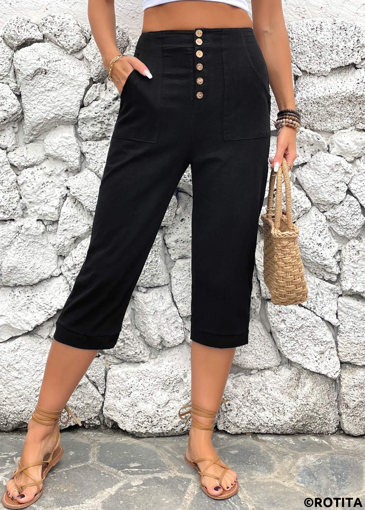 Black bottoms,Plain Color bottoms,ROTITA Button Detail Black High Waisted Pants