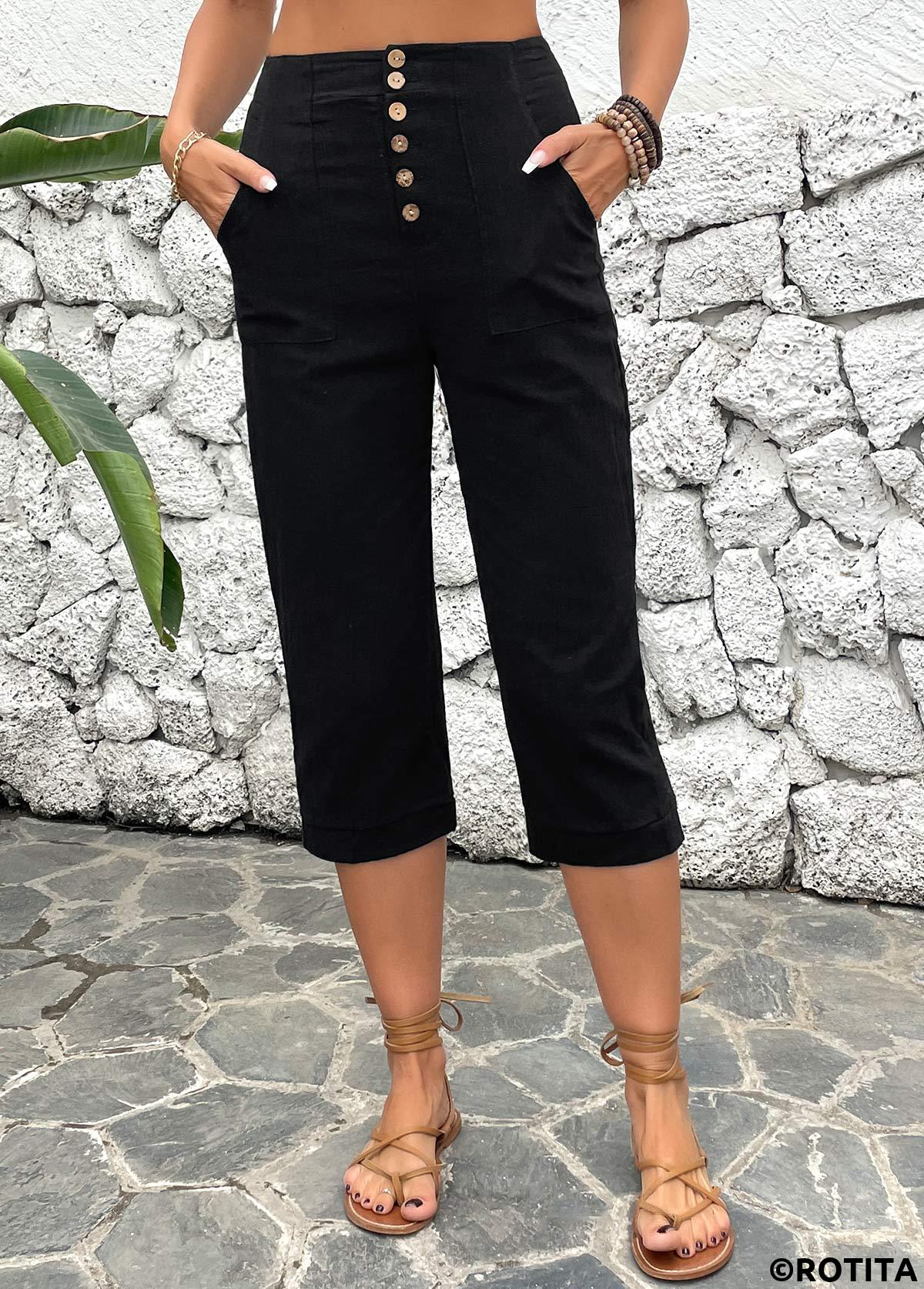 Black bottoms,Plain Color bottoms,ROTITA Button Detail Black High Waisted Pants