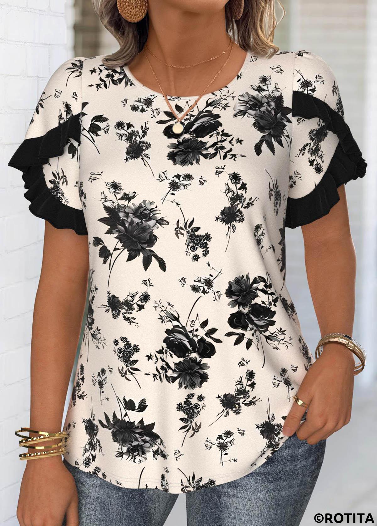 Beige tops,Floral tops,Plants tops,ROTITA Floral Print Beige Blouse