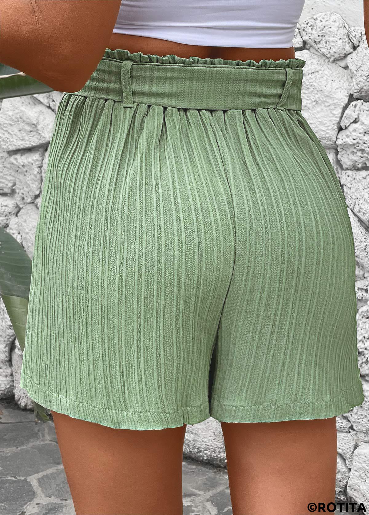 Green bottoms,Plain Color bottoms,Green Elastic Waist Mid Waisted Shorts