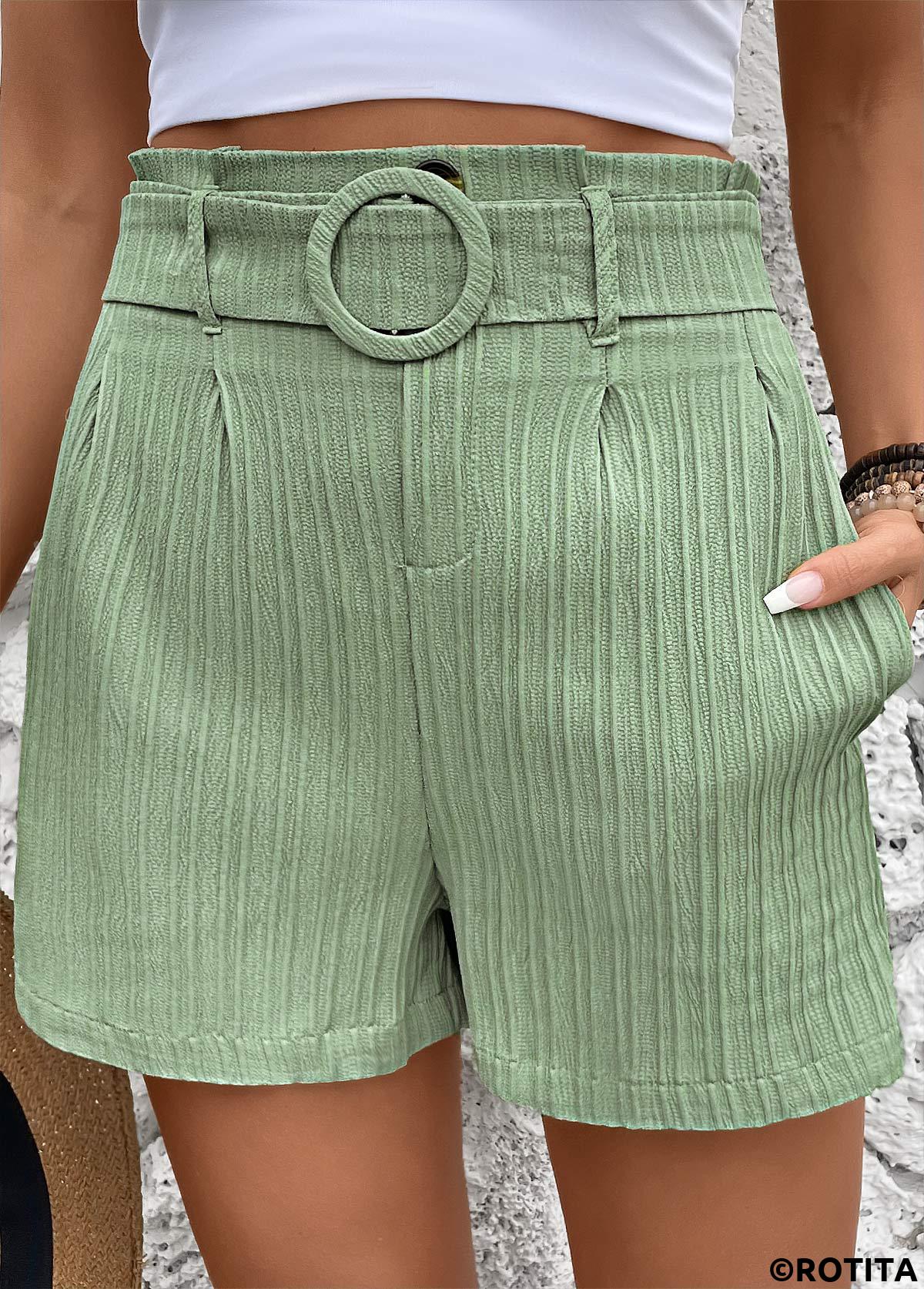 Green bottoms,Plain Color bottoms,Green Elastic Waist Mid Waisted Shorts
