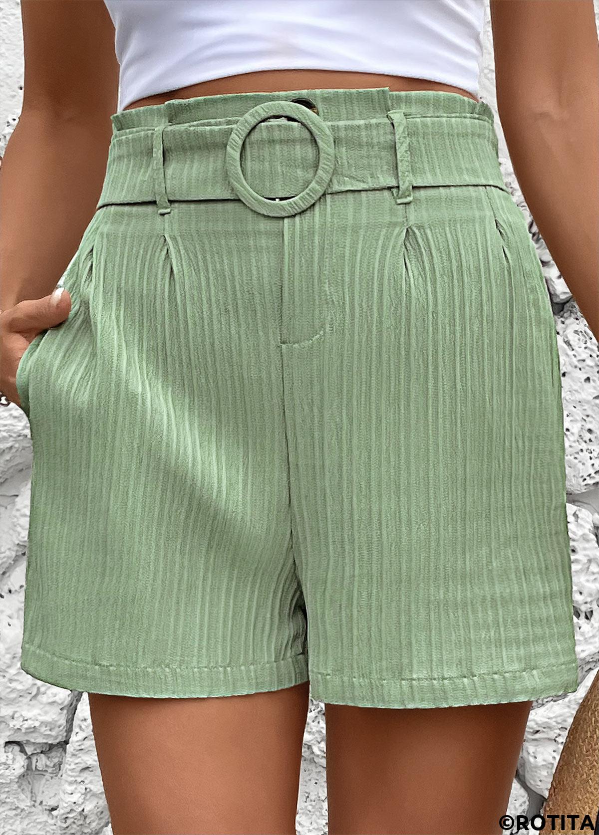 Green bottoms,Plain Color bottoms,Green Elastic Waist Mid Waisted Shorts