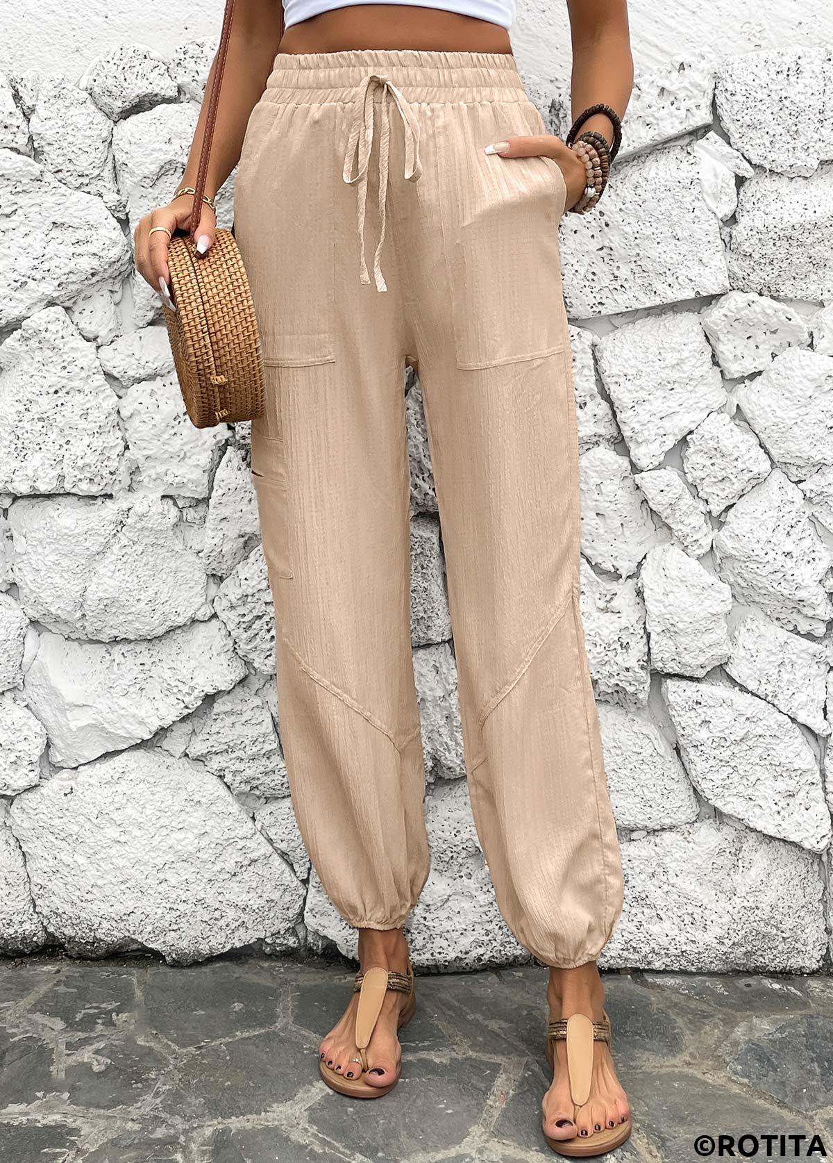 Light Camel bottoms,Plain Color bottoms,Drawstring Light Camel Jogger Elastic Waist High Waisted Pants