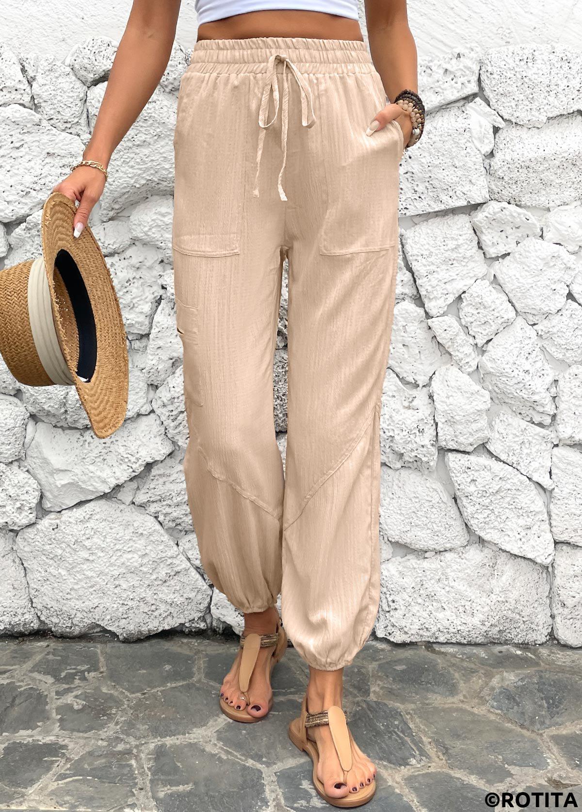 Light Camel bottoms,Plain Color bottoms,Drawstring Light Camel Jogger Elastic Waist High Waisted Pants