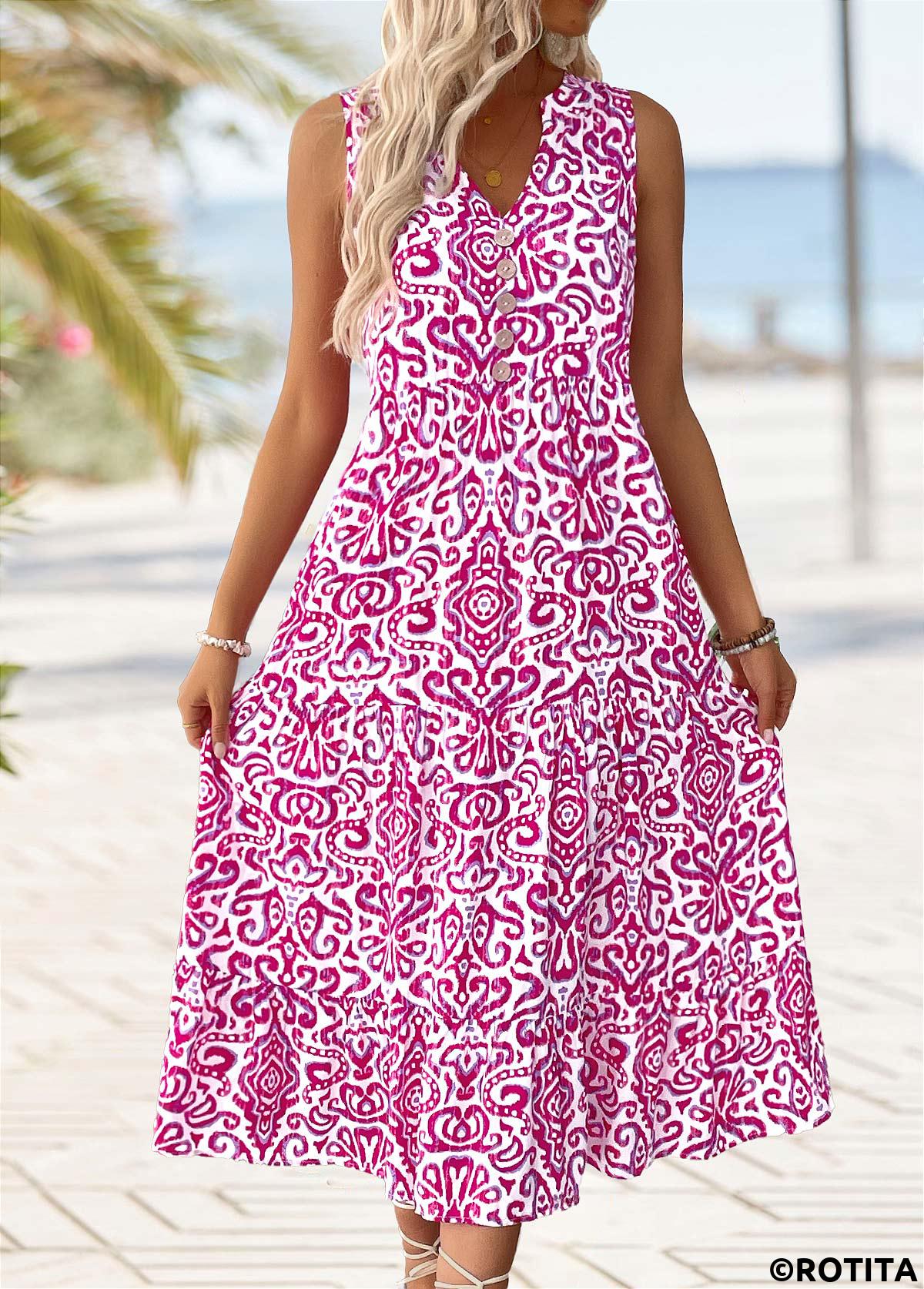 Hot Pink dresses,Tribal dresses,Vacation dresses,Vacation dresses,ROTITA Tribal Print Hot Pink Maxi Split Neck Sleeveless Dress