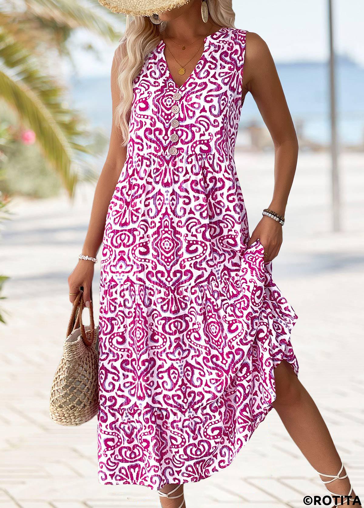 Hot Pink dresses,Tribal dresses,Vacation dresses,Vacation dresses,ROTITA Tribal Print Hot Pink Maxi Split Neck Sleeveless Dress