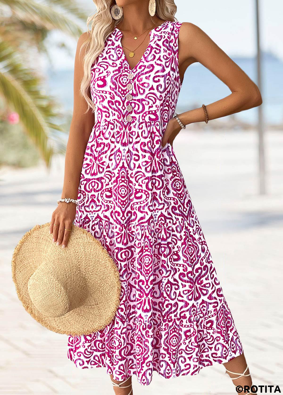 Hot Pink dresses,Tribal dresses,Vacation dresses,Vacation dresses,ROTITA Tribal Print Hot Pink Maxi Split Neck Sleeveless Dress