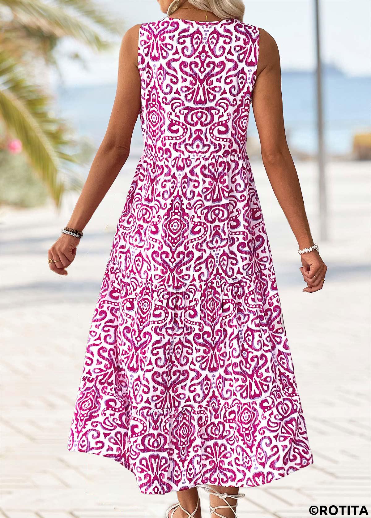 Hot Pink dresses,Tribal dresses,Vacation dresses,Vacation dresses,ROTITA Tribal Print Hot Pink Maxi Split Neck Sleeveless Dress