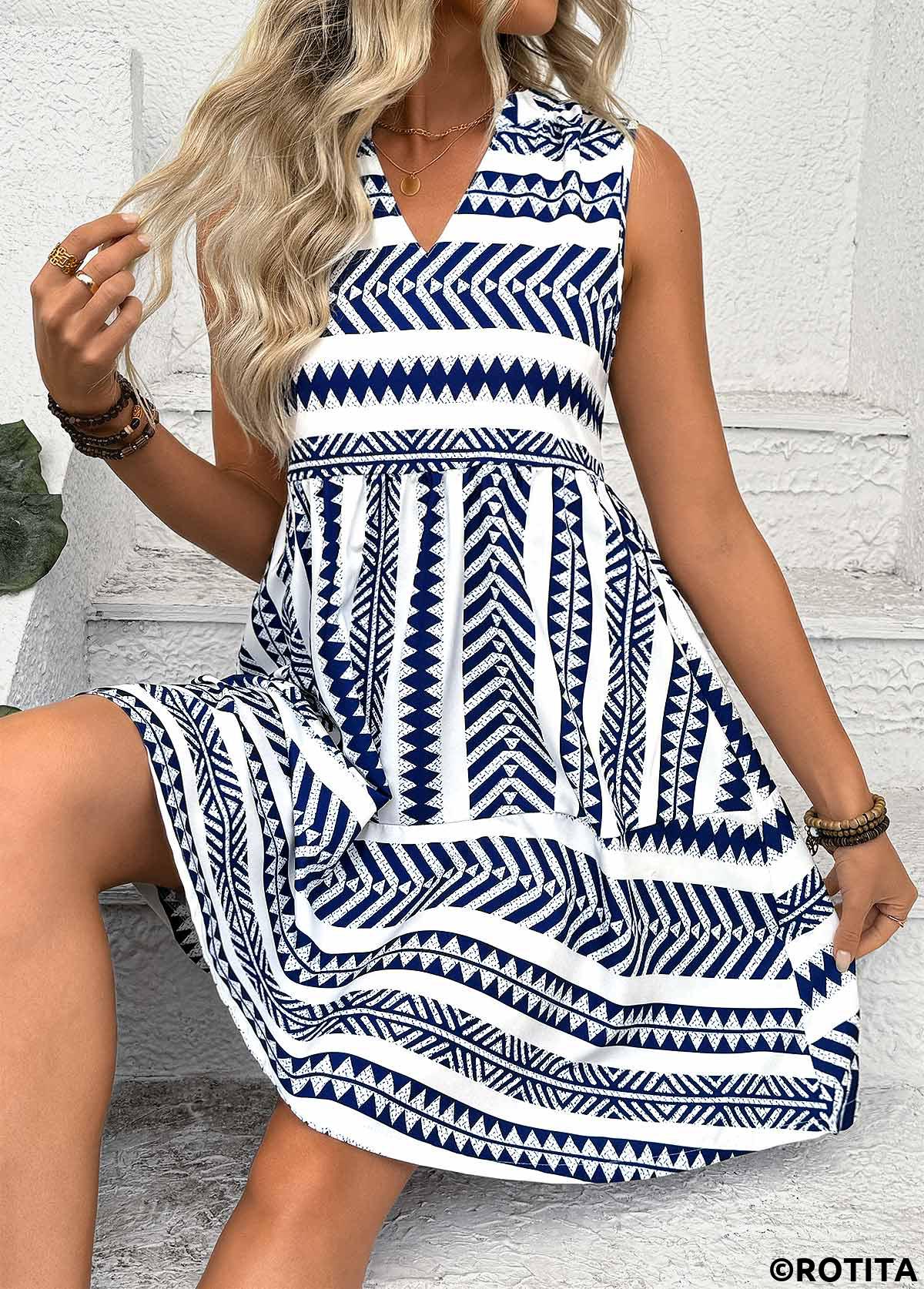 Blue dresses,Tribal dresses,Vacation dresses,Vacation dresses,ROTITA Tribal Print Blue Split Neck Sleeveless Dress