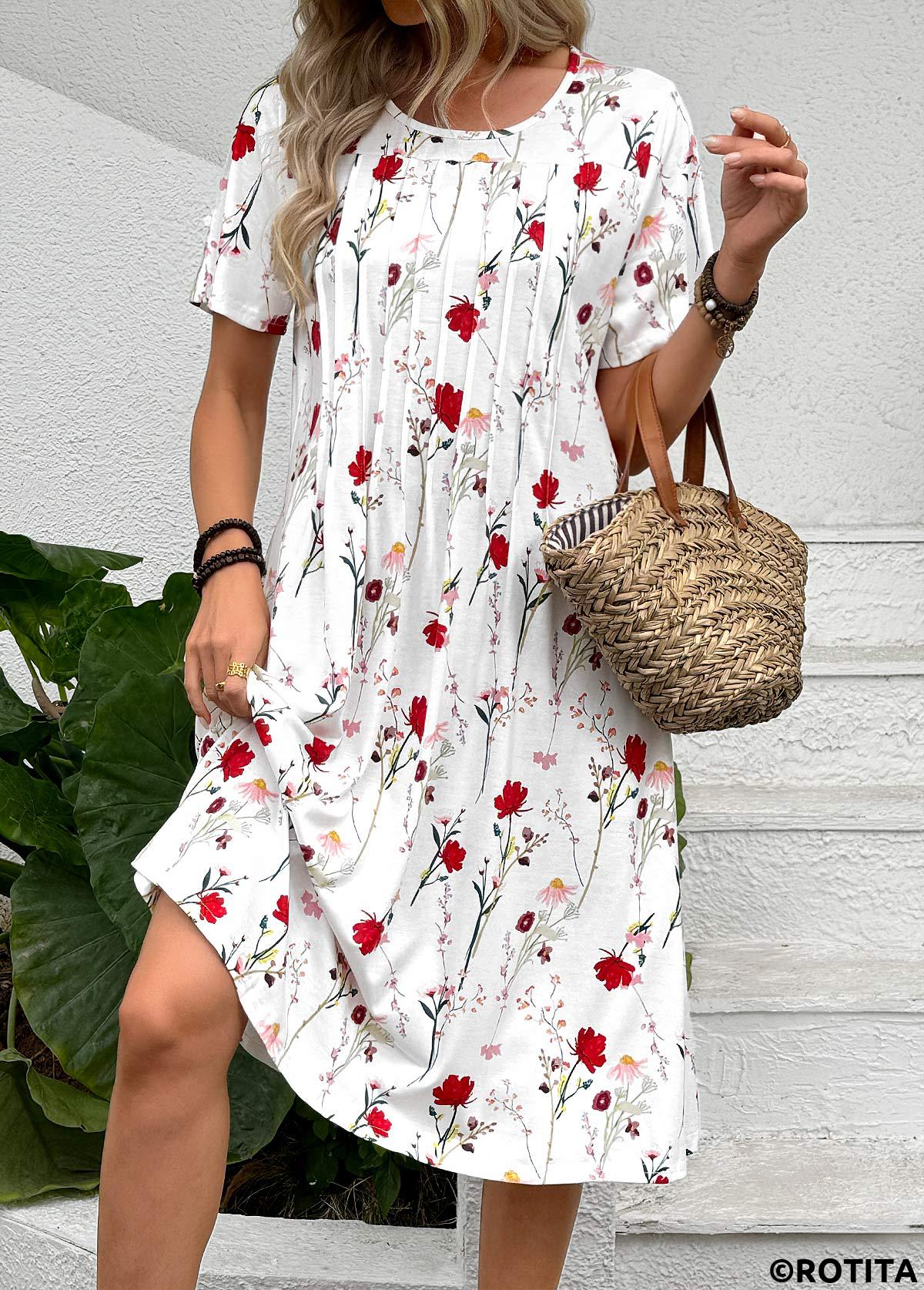 White dresses,Floral dresses,Plants dresses,Everyday dresses,Casual dresses,ROTITA Tuck Stitch Floral Print White A Line Dress
