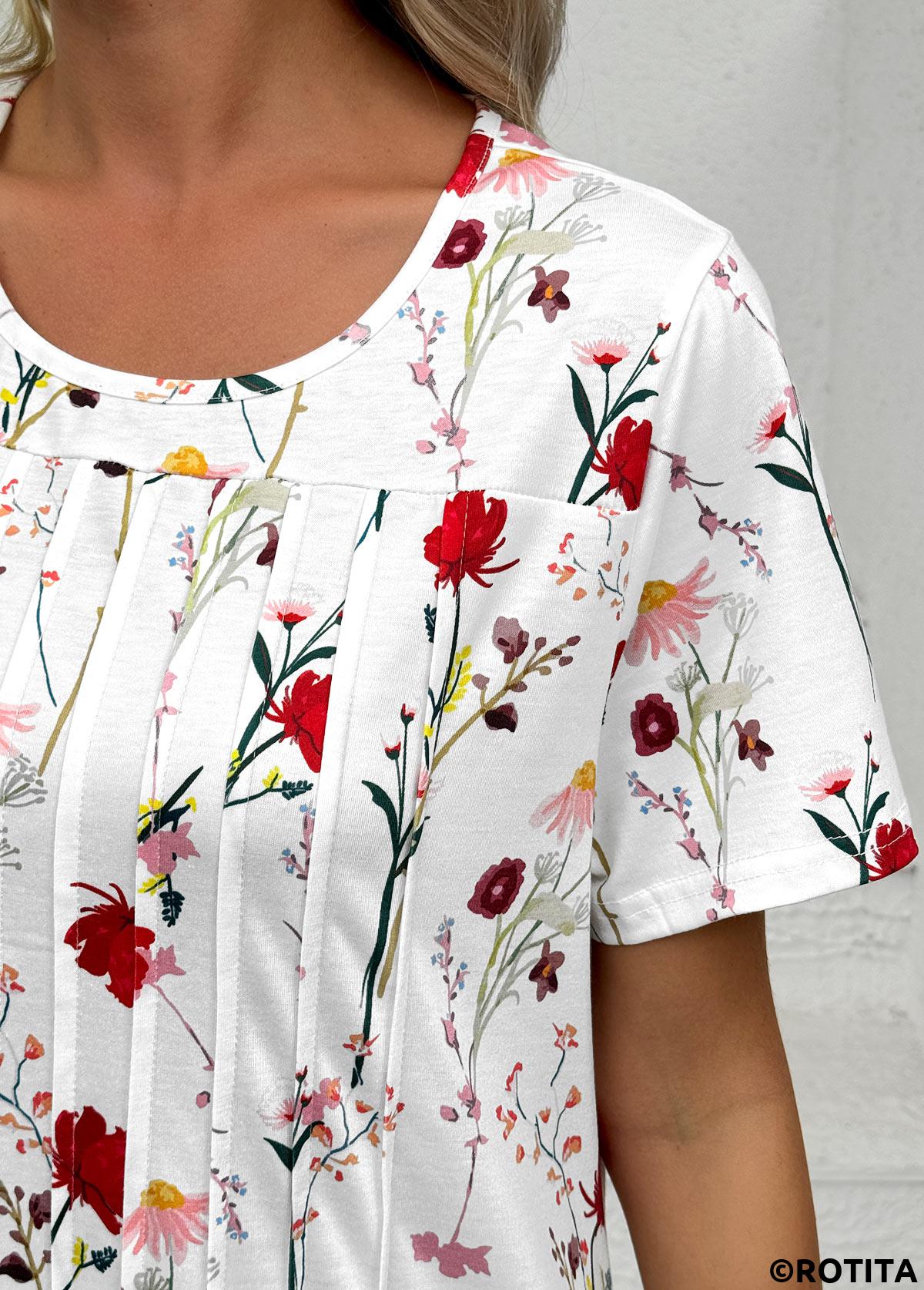 White dresses,Floral dresses,Plants dresses,Everyday dresses,Casual dresses,ROTITA Tuck Stitch Floral Print White A Line Dress
