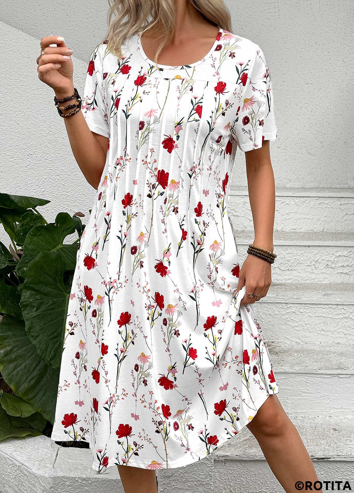 White dresses,Floral dresses,Plants dresses,Everyday dresses,Casual dresses,ROTITA Tuck Stitch Floral Print White A Line Dress