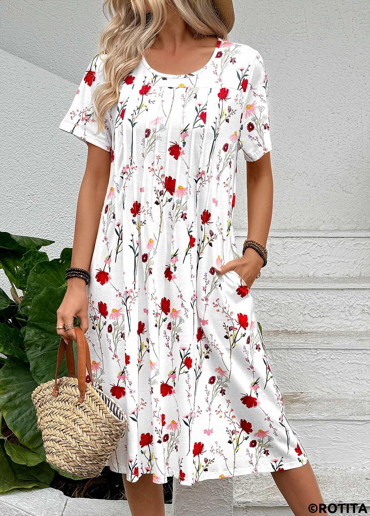 White dresses,Floral dresses,Plants dresses,Everyday dresses,Casual dresses,ROTITA Tuck Stitch Floral Print White A Line Dress