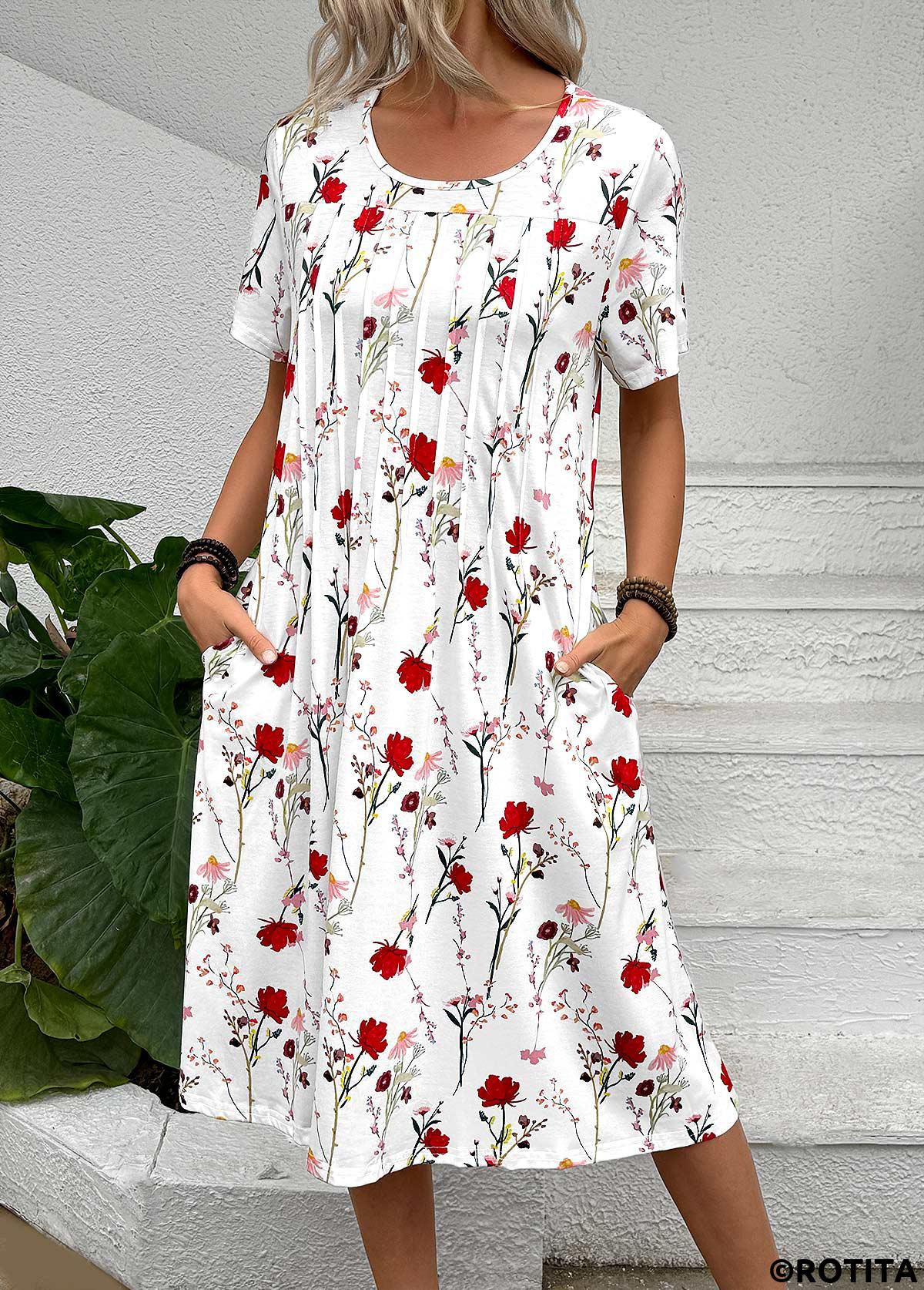 White dresses,Floral dresses,Plants dresses,Everyday dresses,Casual dresses,ROTITA Tuck Stitch Floral Print White A Line Dress