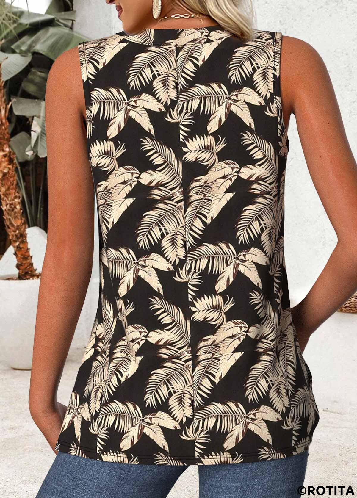 Black tops,Plants tops,ROTITA Tropical Plants Print Black V Neck Sleeveless Tank Top
