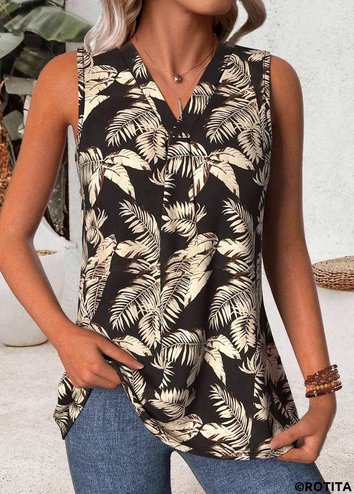 Black tops,Plants tops,ROTITA Tropical Plants Print Black V Neck Sleeveless Tank Top