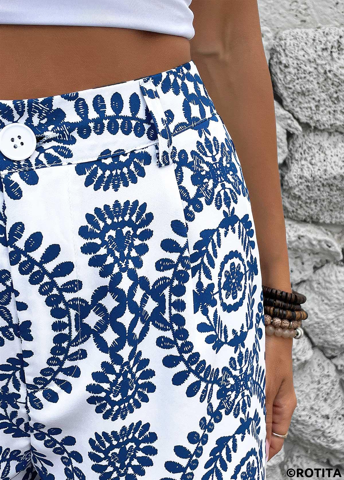 Royal Blue bottoms,Plants bottoms,Button Plants Print Royal Blue Straight Leg Shorts