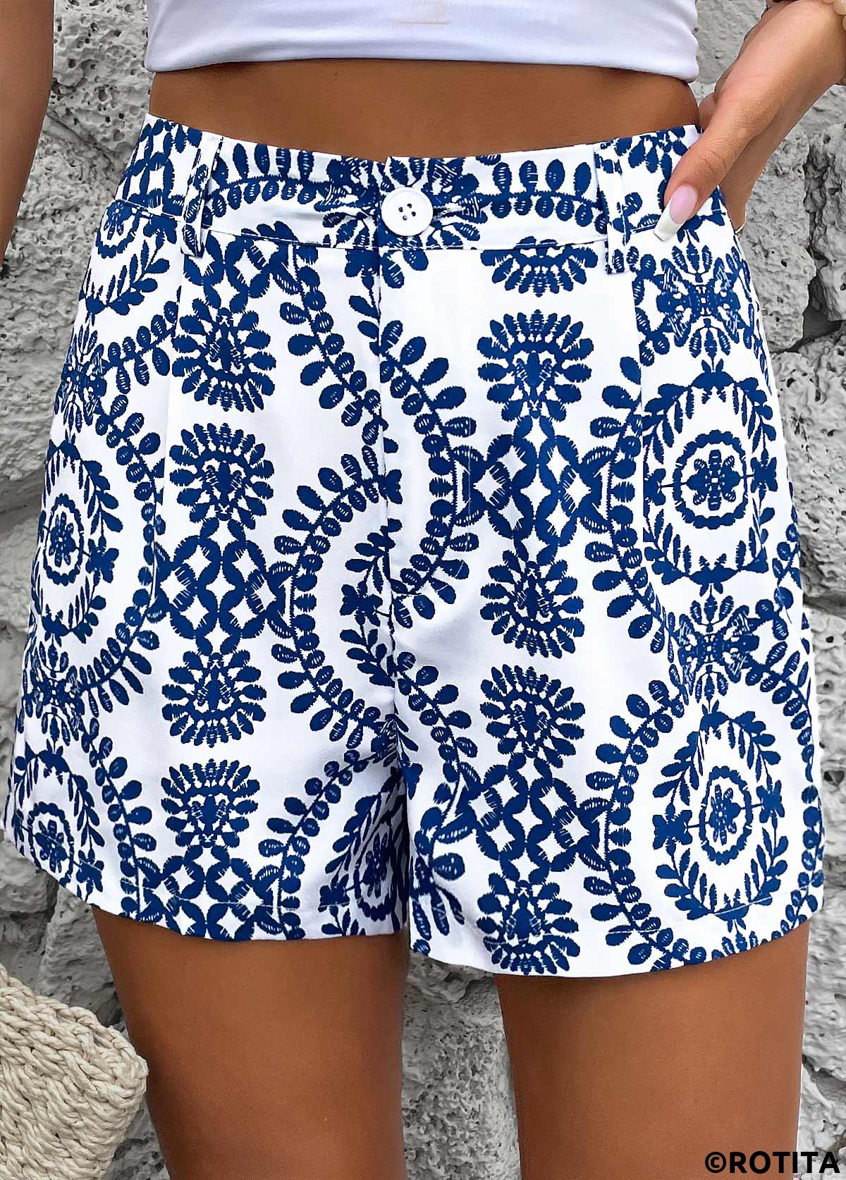 Royal Blue bottoms,Plants bottoms,Button Plants Print Royal Blue Straight Leg Shorts