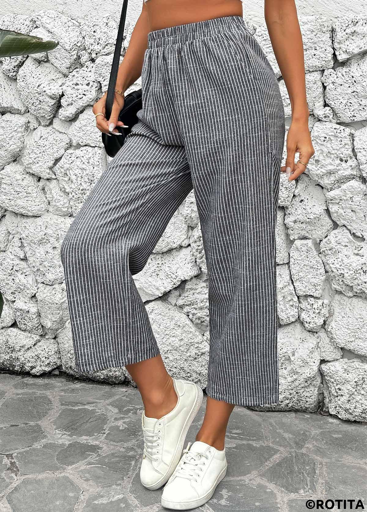 Black bottoms,Striped bottoms,Geometric bottoms,Striped Black Straight Leg Elastic Waist Mid Waisted Pants