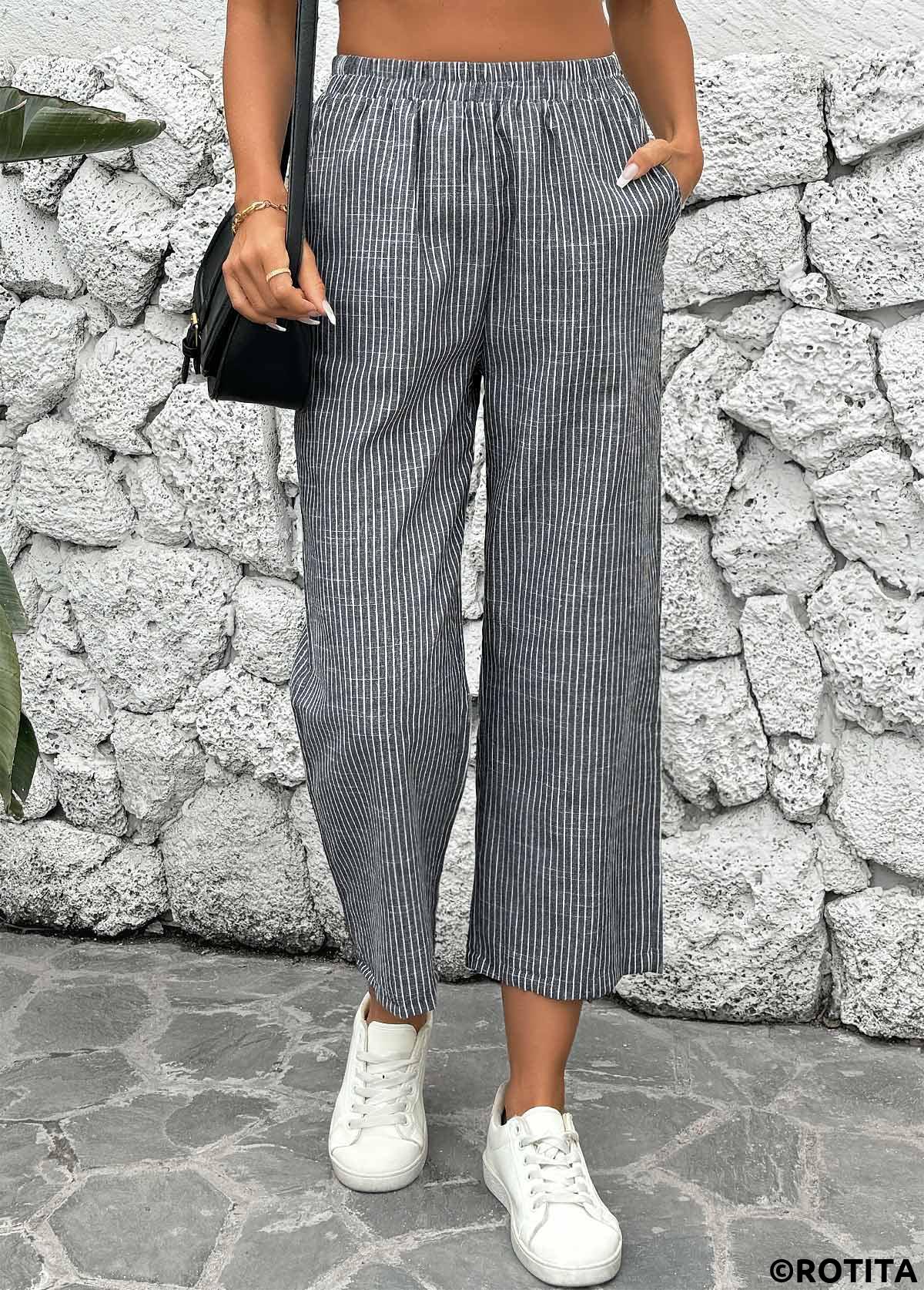 Black bottoms,Striped bottoms,Geometric bottoms,Striped Black Straight Leg Elastic Waist Mid Waisted Pants