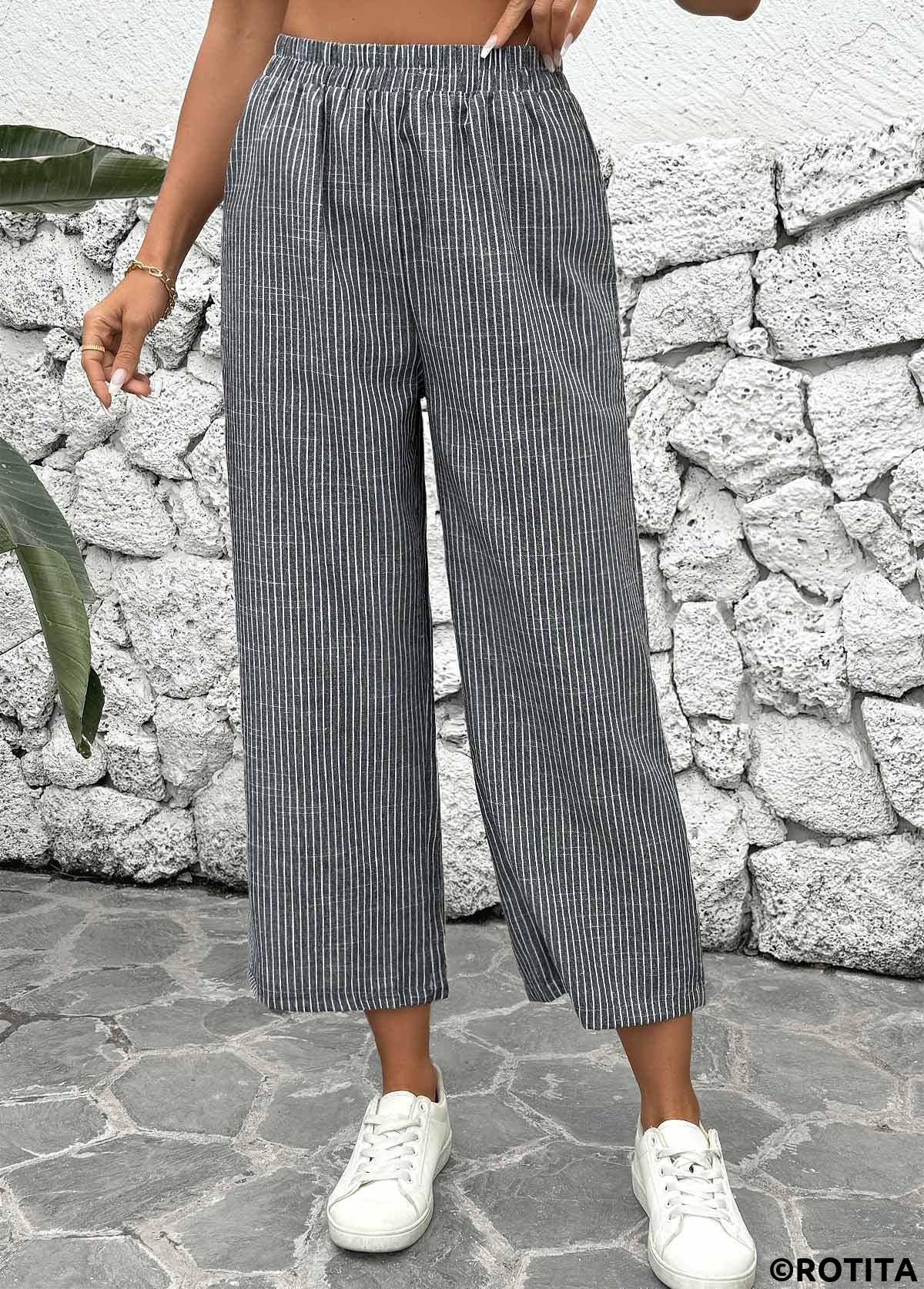 Black bottoms,Striped bottoms,Geometric bottoms,Striped Black Straight Leg Elastic Waist Mid Waisted Pants