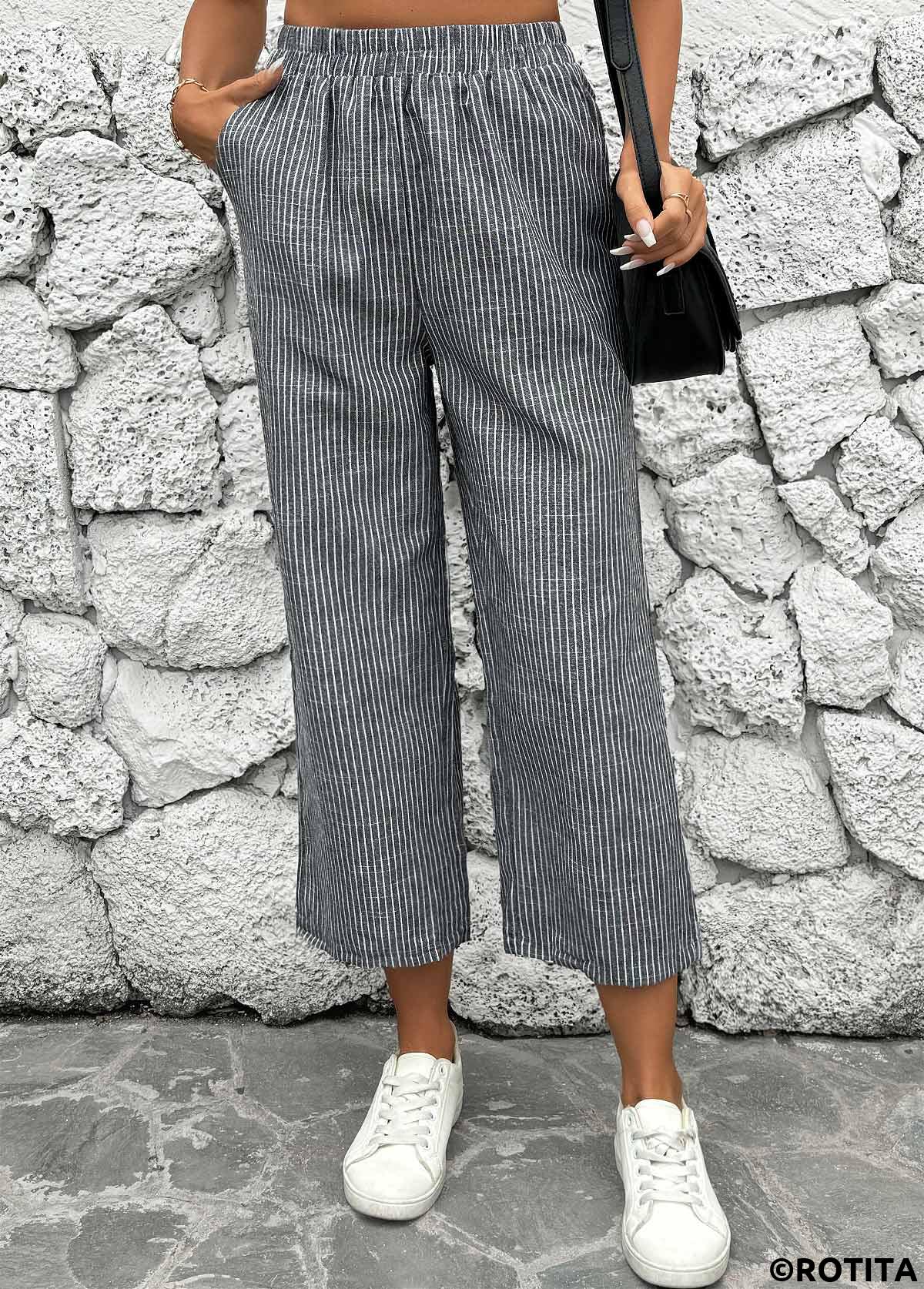 Black bottoms,Striped bottoms,Geometric bottoms,Striped Black Straight Leg Elastic Waist Mid Waisted Pants
