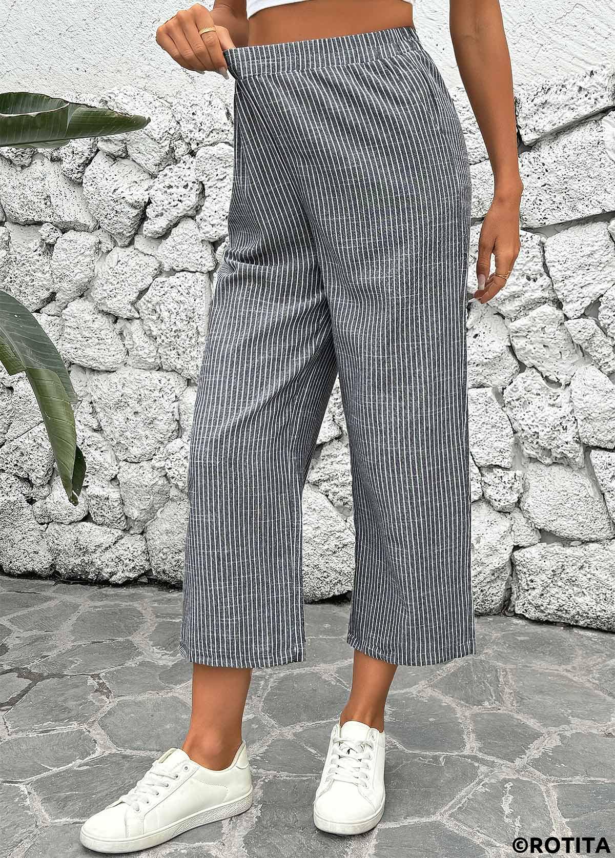 Black bottoms,Striped bottoms,Geometric bottoms,Striped Black Straight Leg Elastic Waist Mid Waisted Pants