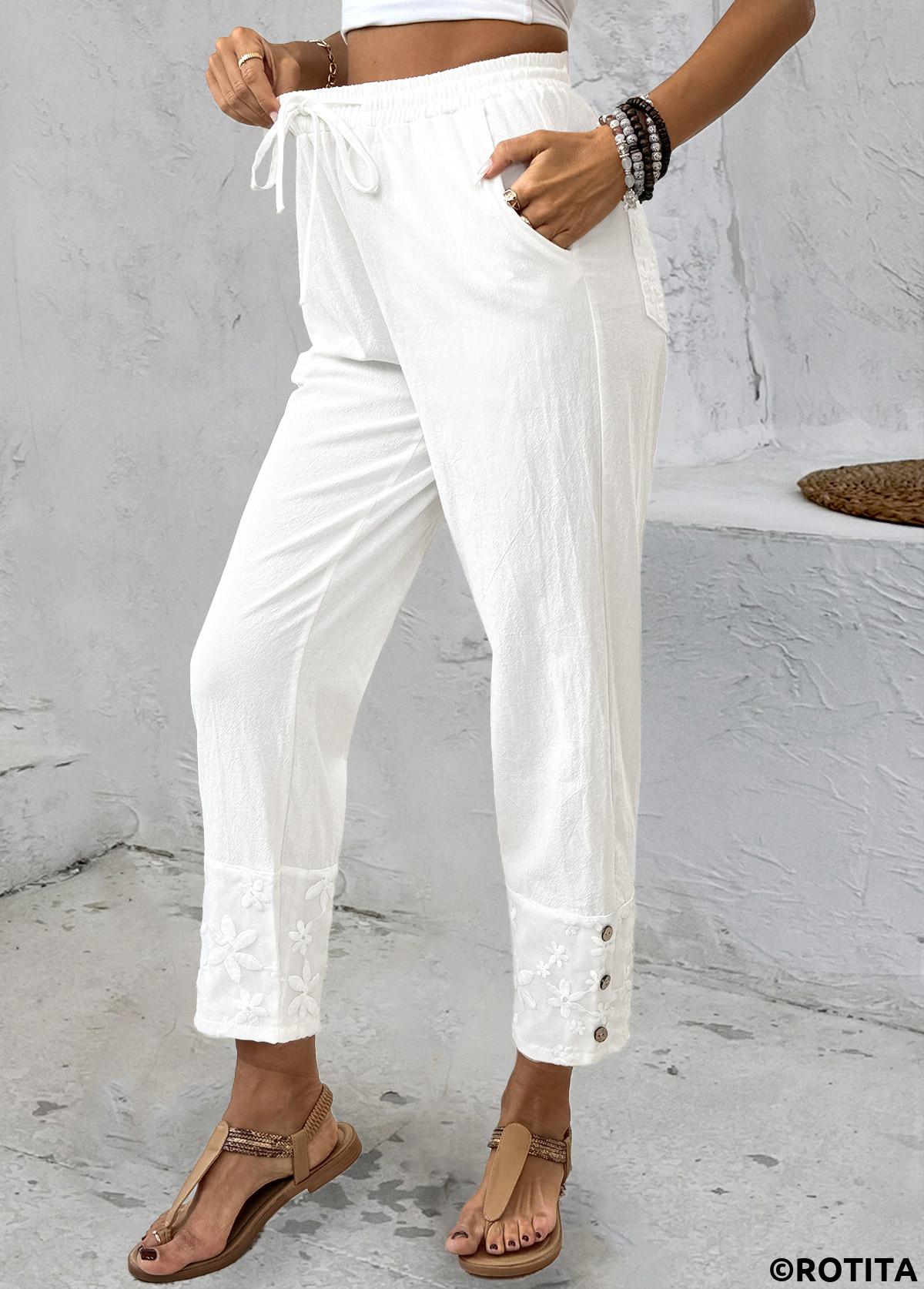 White bottoms,Plain Color bottoms,Straight Leg White Drawastring Mid Waisted Pants