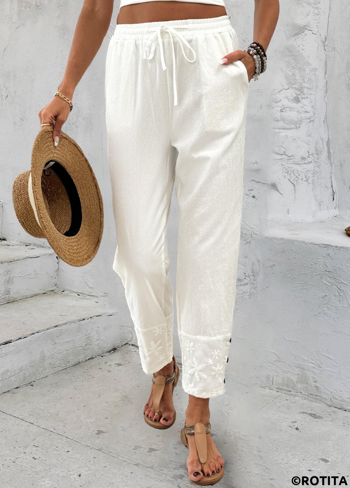 White bottoms,Plain Color bottoms,Straight Leg White Drawastring Mid Waisted Pants