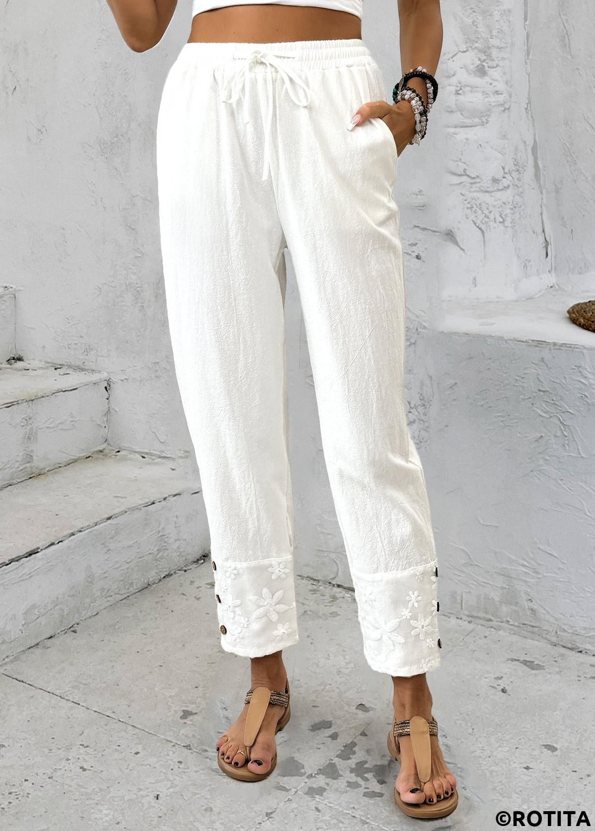 White bottoms,Plain Color bottoms,Straight Leg White Drawastring Mid Waisted Pants