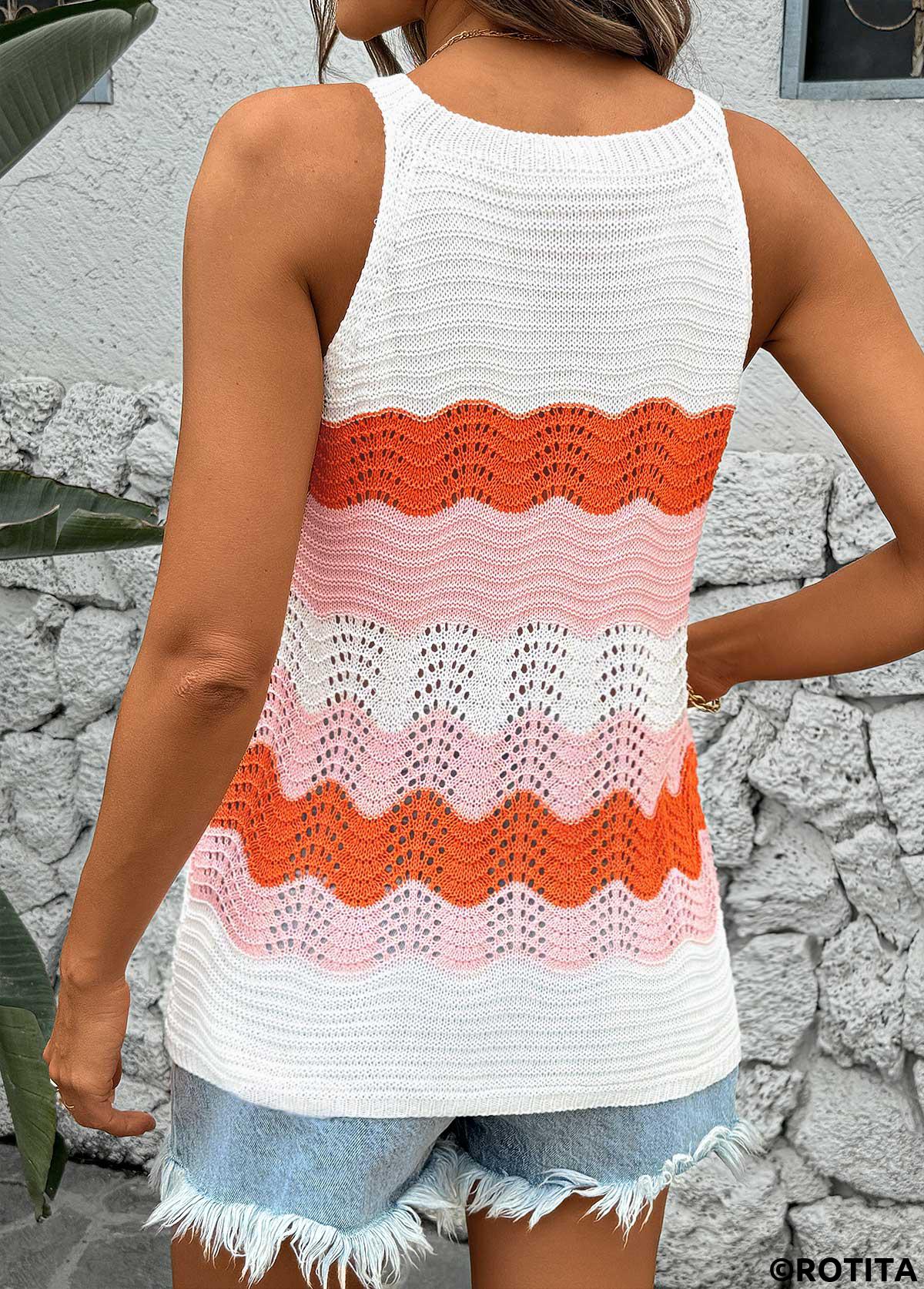 Sleeveless Round Neck Orange Crochet Ladies Top
