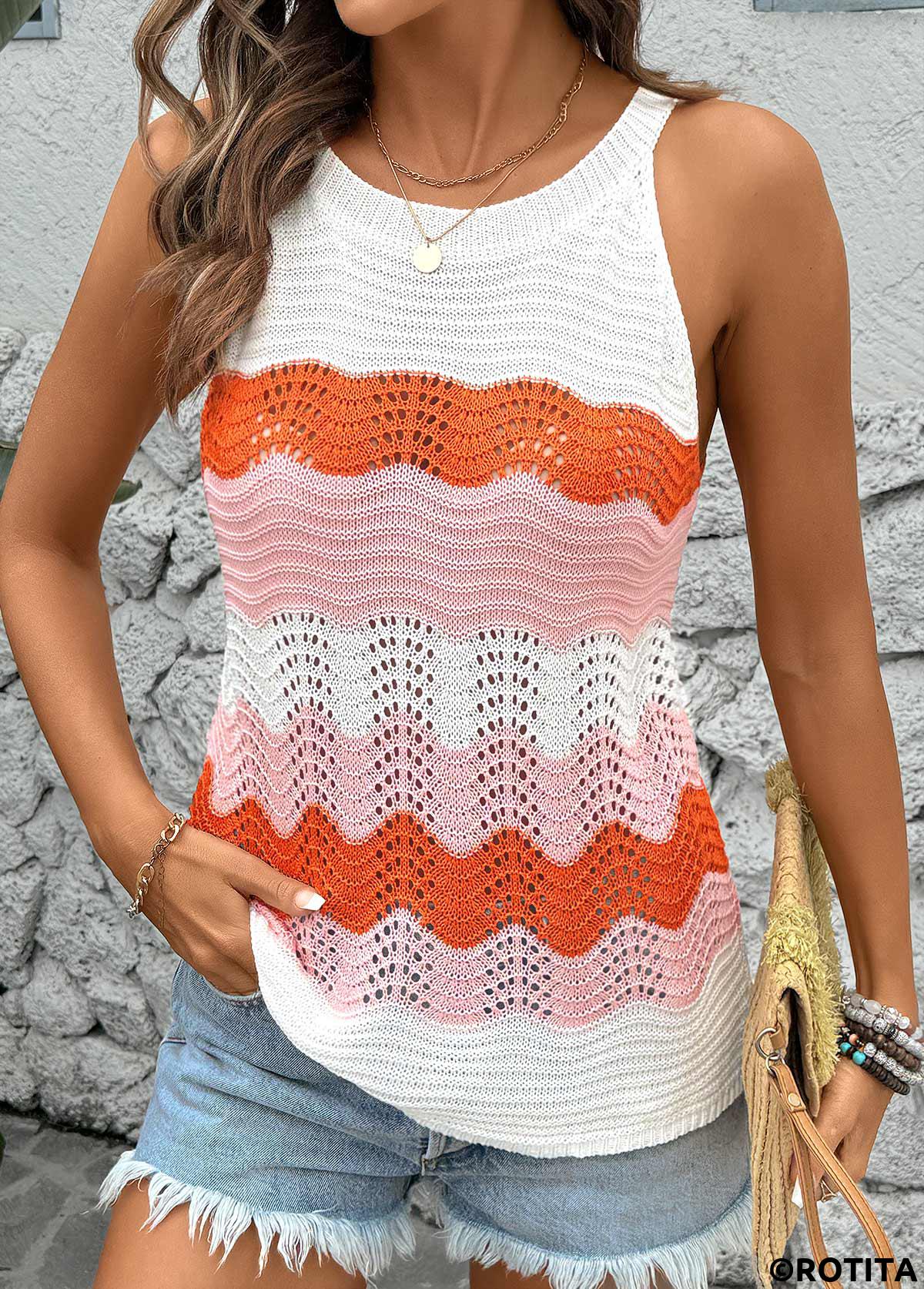 Sleeveless Round Neck Orange Crochet Ladies Top